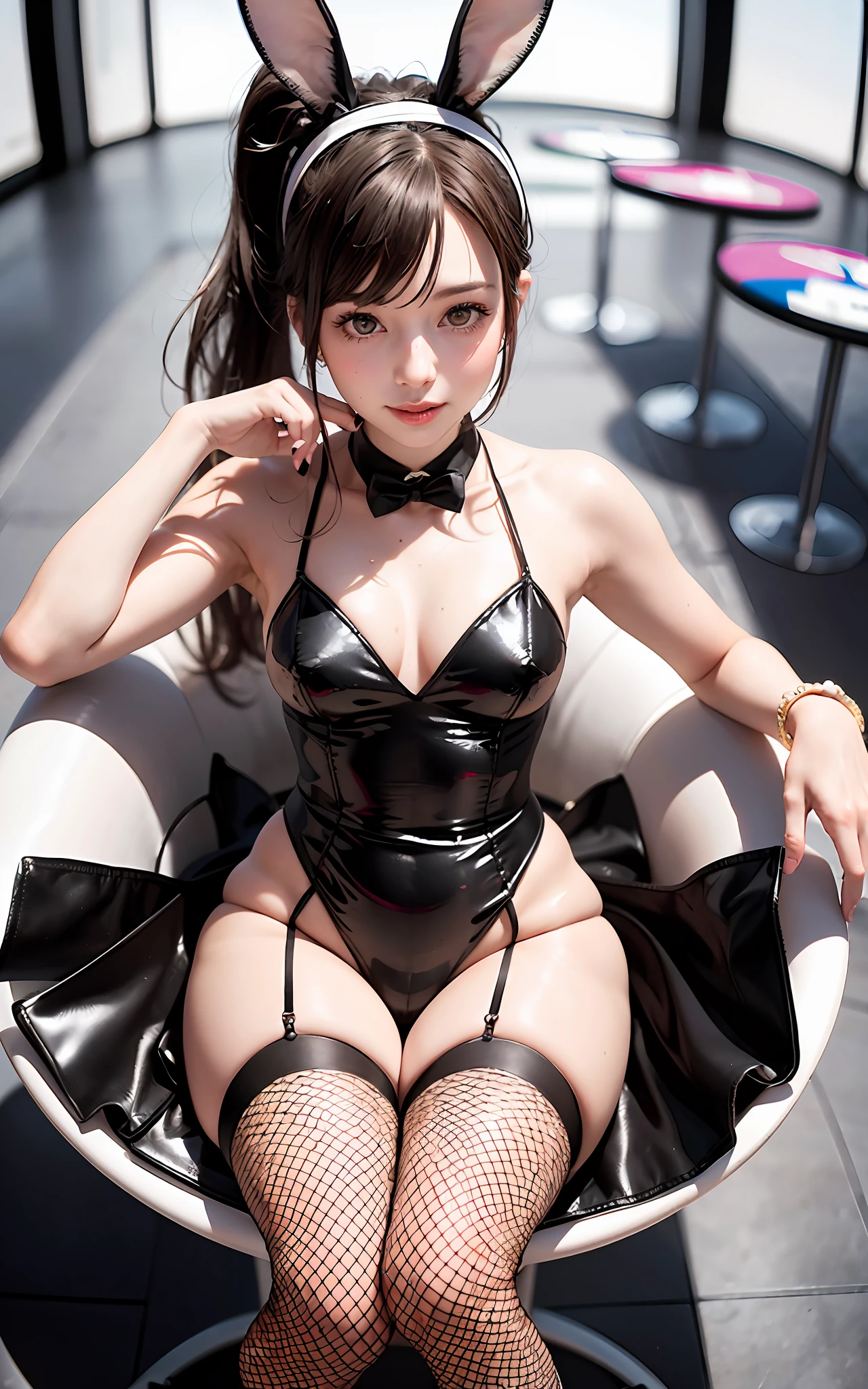 Circular image, (representative work: 1.3), (Best quality: 1.2), (Masterpiece), High quality, High definition, (1 persons: 1.4), (Round image)), (((Fisheye)), [(White background: 1.1): 5], [(Upper body, upper eyes, :1): 5], bunny girl costume, colorful casino, background blurred, cute, [(Sequins, black bunny suit, rabbit ear shaped hairband, Black fishnet stockings: 1.2: 5] {{{1 persons}}}, ((good anatomy: 1.2)), sitting in a round chair, ponytail (brown and (white)), erotic smile, mouth open, blushing, (random pose), looking at the viewer, (just cute)), perfect body, perfect number of legs, perfect fingers {{{{5 fingers}}}, ((composition from above))