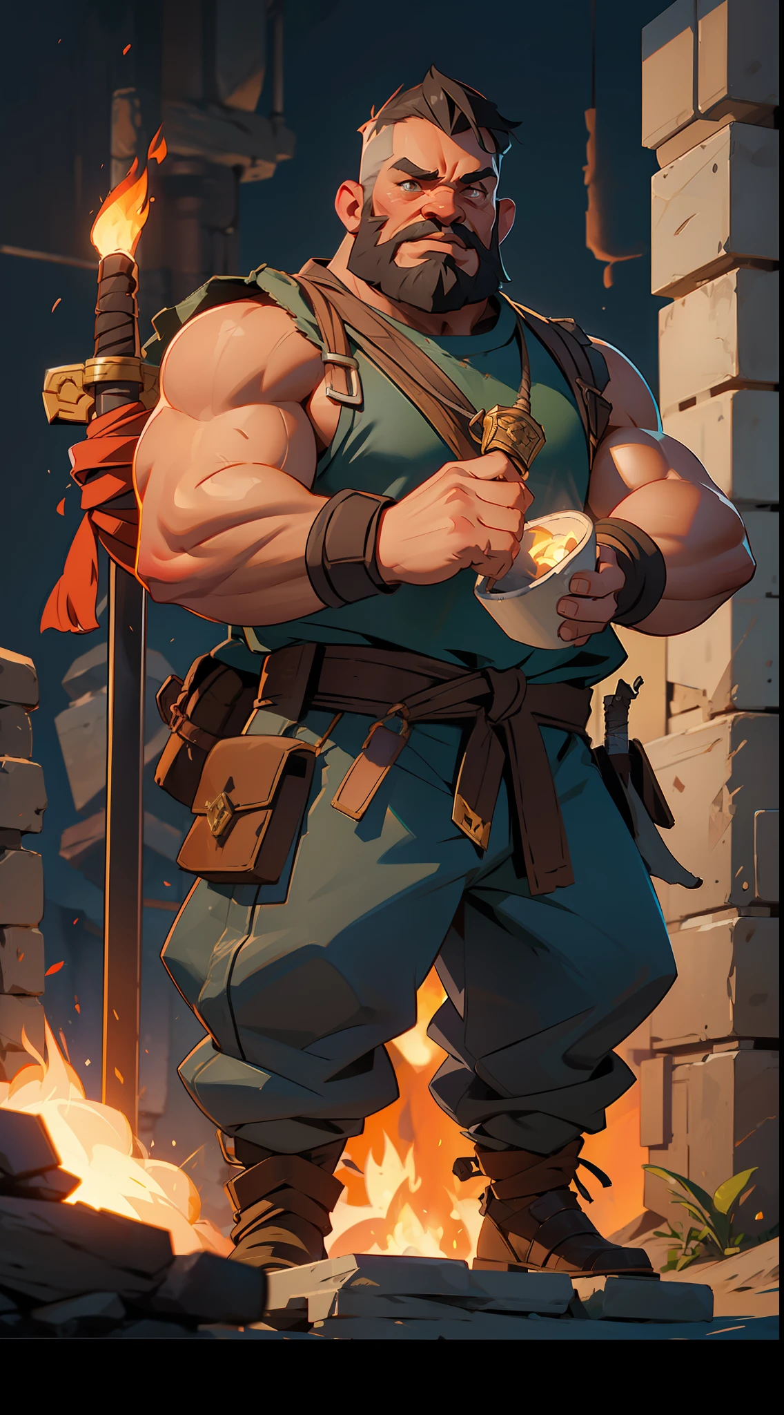a rpg dwarf, strong, muscular, bearded, leather clothes, forging a sword, bottom, furnace, fire.