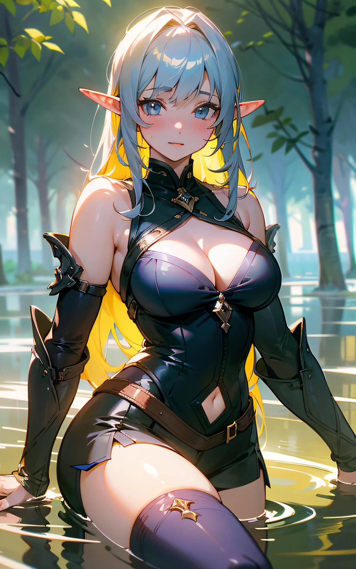 (Original Character、Unity 16K Wallpaper, Masterpiece, Best Quality, Ultra-Detailed, Extremely Detailed CG, Caustics, Cinematic Lighting, Detailed, Beautiful Detailed Eyes, solo), Ultra High Resolution, fine skin, (elf, curby), (strong light)、((brighten the subject)),outdoors,cleavage,blush,cowboy shot,Mysterious,lake,lying:1.2,knee high sox