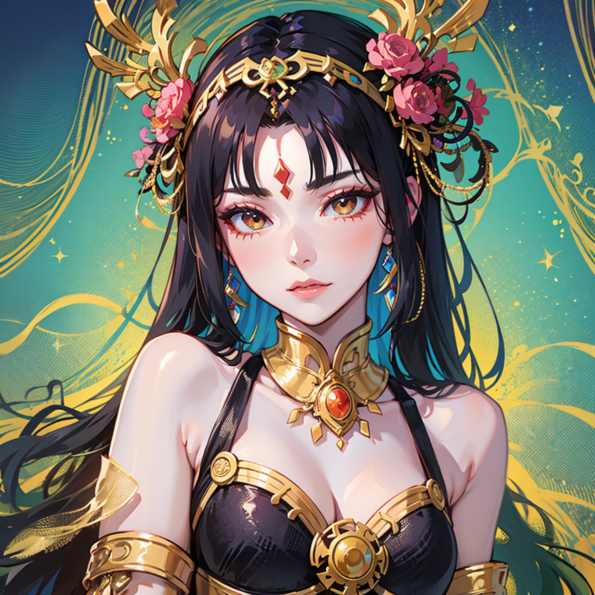 Avatar, brilliant headdress, Tang dynasty costumes, loud precision, eye-catching colors, shiny brocade, gold wire pattern, delicate eyeliner, slender eyebrows, textured skin, luxury jewelry, fair skin, carmine --auto --s2