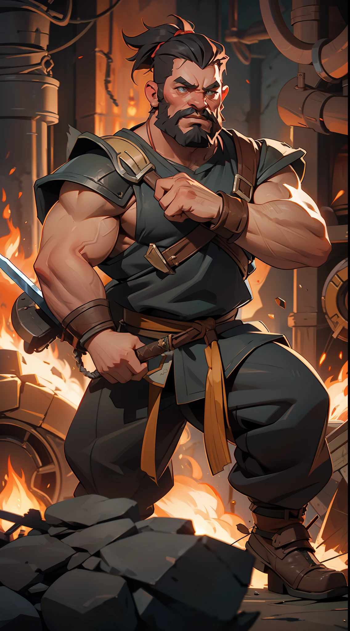 a rpg dwarf, strong, muscular, bearded, leather clothes, forging a sword, bottom, furnace, fire.