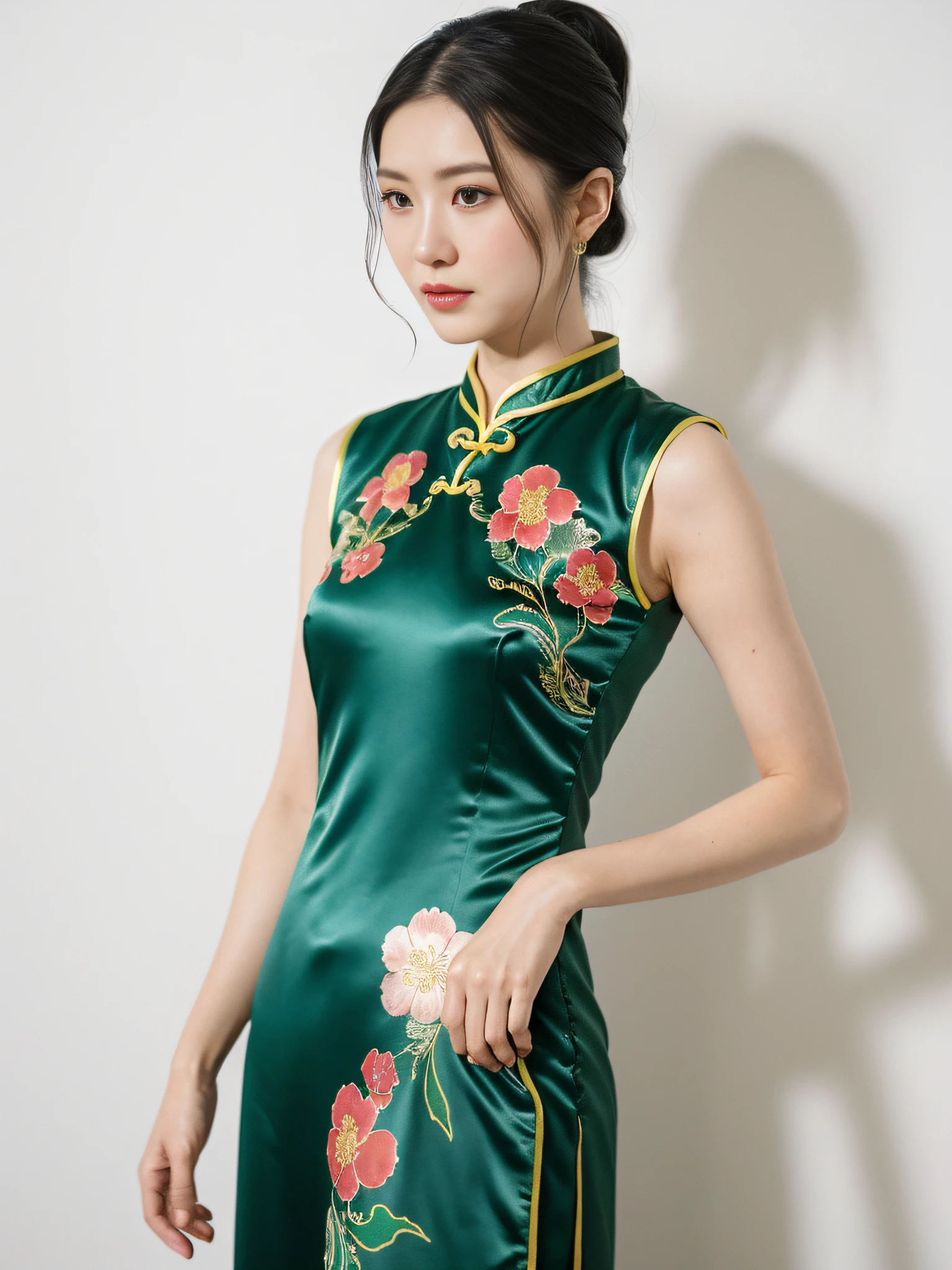 ((Best Quality, 8K, Masterpiece: 1.3)), Focus: 1.2, Wearing Emerald Green Cheongsam, Small Flower Print, Split End, Full Body Photo, Standing Posture, White Wall, Highly Detailed Face and Skin Texture, Detailed Eyes, Double Eyelids, Whitened Skin, Long Ponytail