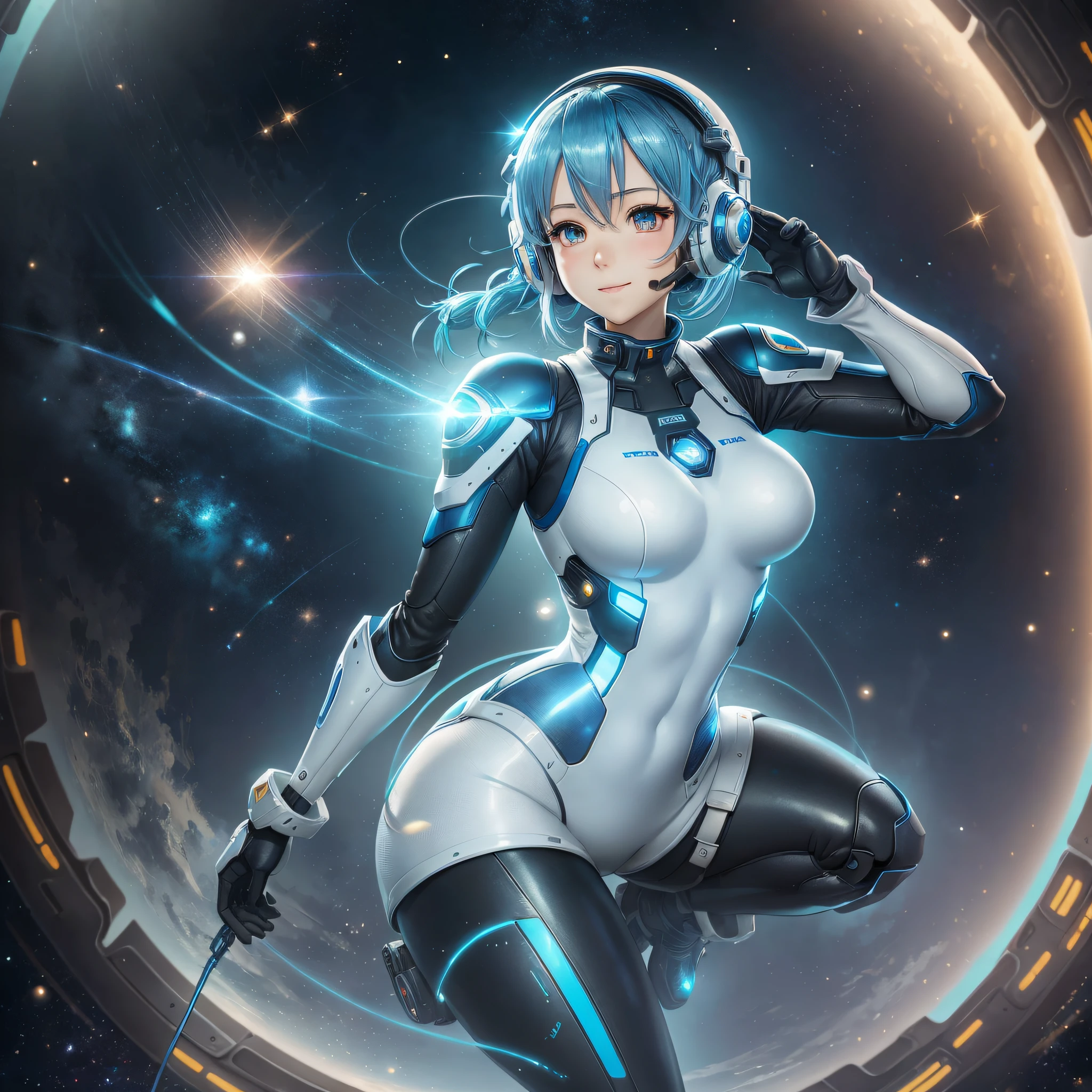 Full body, blue hair, blunt van, masterpiece, top quality, official art, album art, very elaborate CG Unity 8K wallpaper, lone girl, Japan girl, full body, super high resolution, (photorealistic: 1.4), dynamic angle, dynamic pose, mystical power, floating particles, reflection, so cute, sparkling blue color eyes, golden hour lighting, Pilot suit in white and blue and black colors, tight fitting clothes, full-body covering clothes, knee boots, (puffy eyes), viewer looking, front-facing, beauty, medium breasts, shirt lift, metal wire, slim body, arm-length gloves, anime heroine, gentle smile, headset, helmet, detailed robot cockpit, super futuristic space --auto --s2