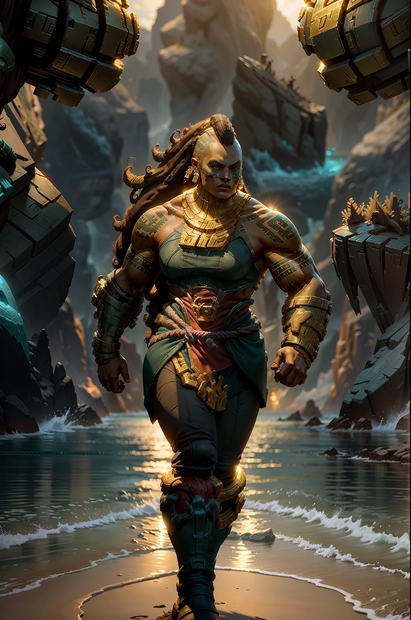 (masterpiece, 4k, ultra detailed: 1.2), (fantasy: 1.2), illustration, (realistic: 1), (photorealistic: 1),
(Illaoi, the League of Legends champion:1.6),
(long hair in dreads with shaved sides,: 1.6), (determined, brave and happy face: 1.3), (slightly muscular woman with tanned skin: 1.4),
(slightly muscular body: 1.3),
(coastline, rocks and ocean:1.2), highly detailed, hd, best quality, cinematic, masterpiece