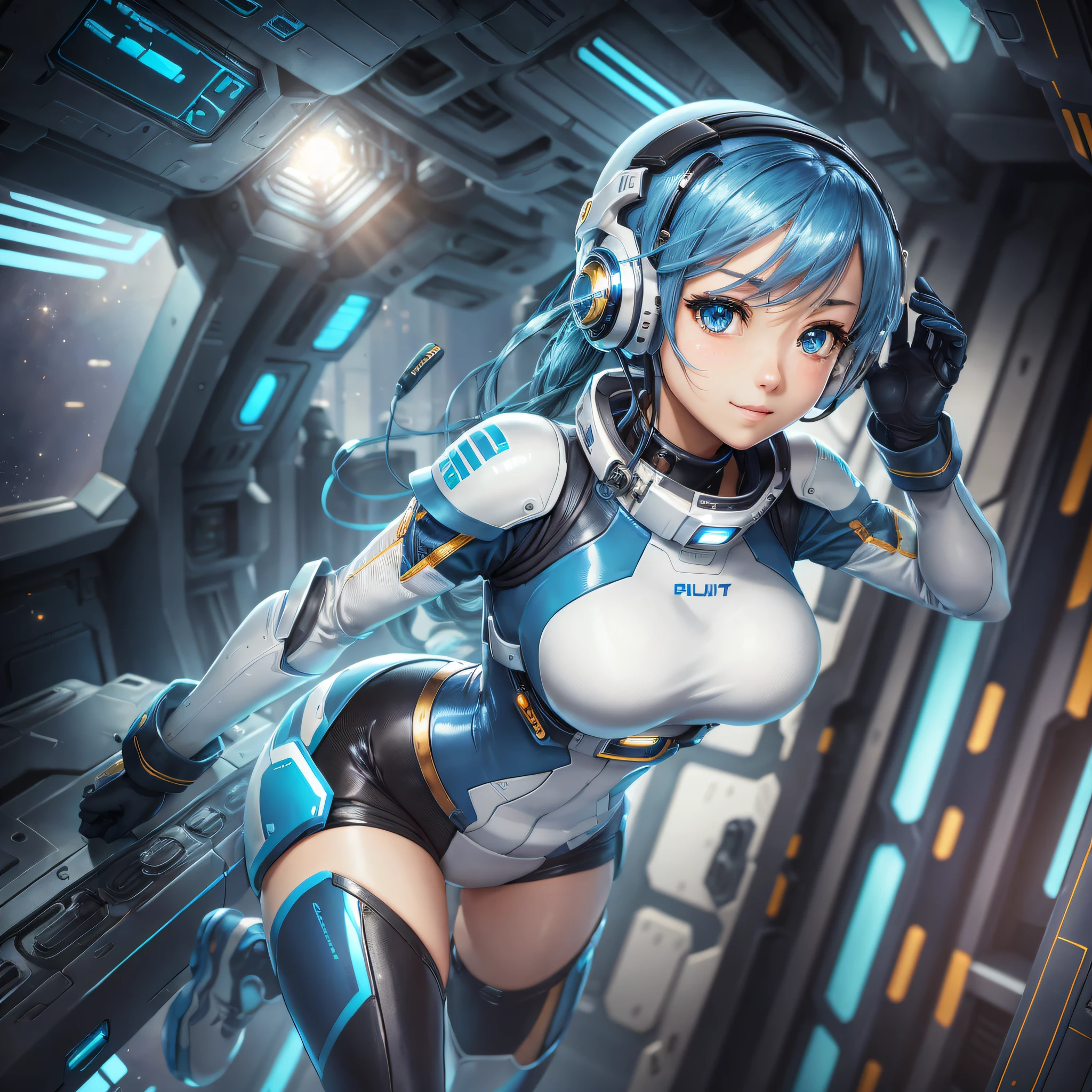 Full body, blue hair, blunt van, masterpiece, top quality, official art, album art, very elaborate CG Unity 8K wallpaper, lone girl, Japan girl, full body, super high resolution, (photorealistic: 1.4), dynamic angle, dynamic pose, mystical power, floating particles, reflection, so cute, sparkling blue color eyes, golden hour lighting, Pilot suit in white and blue and black colors, tight fitting clothes, full-body covering clothes, knee boots, (puffy eyes), viewer looking, front-facing, beauty, medium breasts, shirt lift, metal wire, slim body, arm-length gloves, anime heroine, gentle smile, headset, helmet, detailed robot cockpit, super futuristic space --auto --s2
