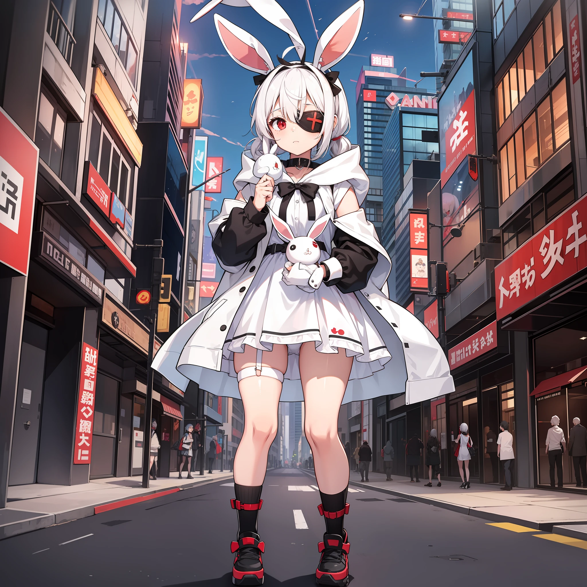 One girl, wearing one white eyepatch, holding a stuffed bunny, short white hair in two pigtails l, With a Hood, bunny ear accessories, Wearing a white short dress, red eyes, full body, In City, long shock