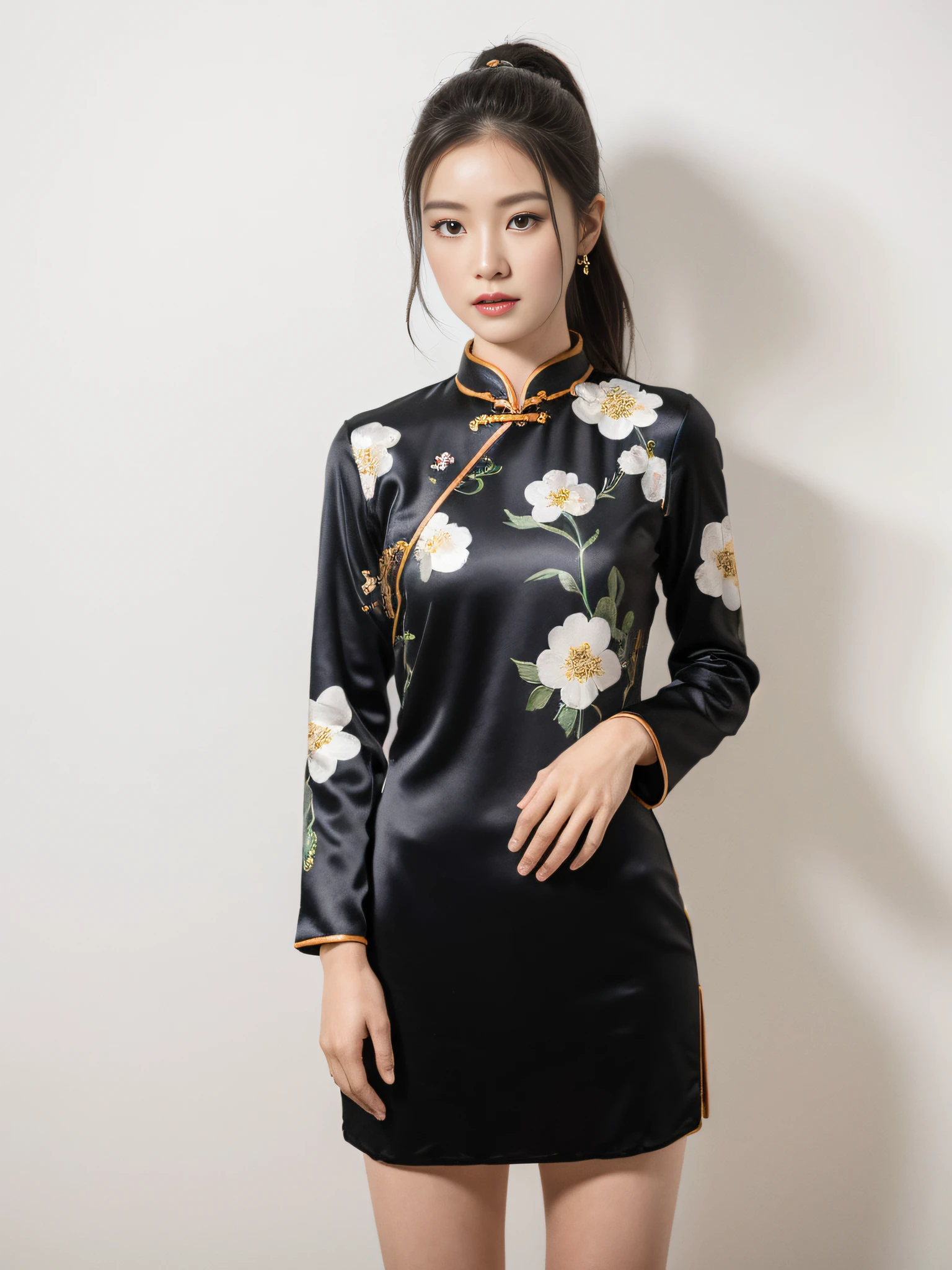 ((Best Quality, 8K, Masterpiece: 1.3)), Focus: 1.2, Wearing Black Cheongsam, Small Flower Print, Split End, Full Body Photo, Standing Posture, White Wall, Highly Detailed Face and Skin Texture, Detailed Eyes, Double Eyelids, Whitened Skin, Long Ponytail