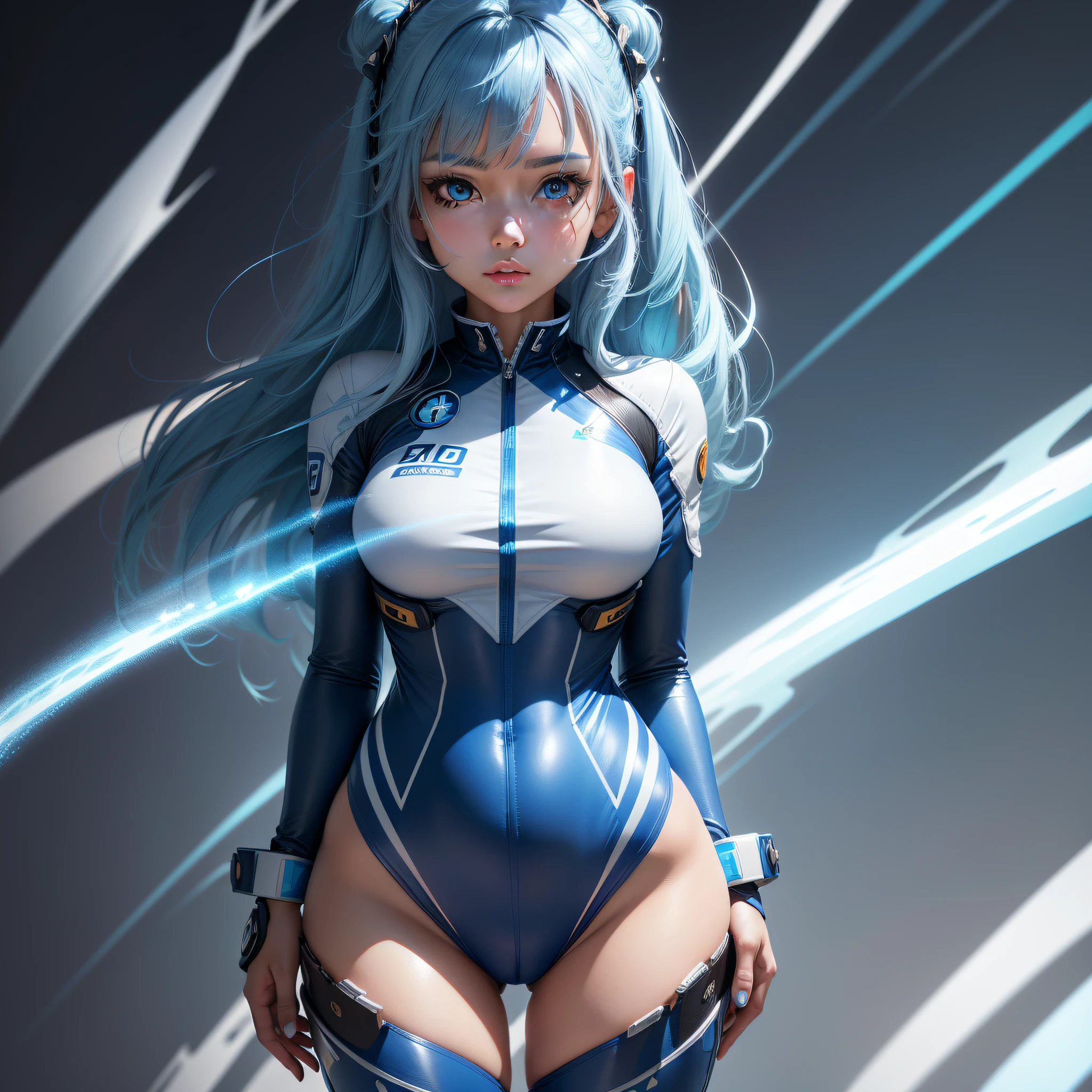 (Super elaborate CG Unity 8K wallpaper, masterpiece, highest quality): (Solo girl, solo, Japan face, 1 girl, sparkly blue colored eyes, blue hair, white and blue color flight suit, tight fit clothes, clothes that cover the whole body, beauty, gentle expression)