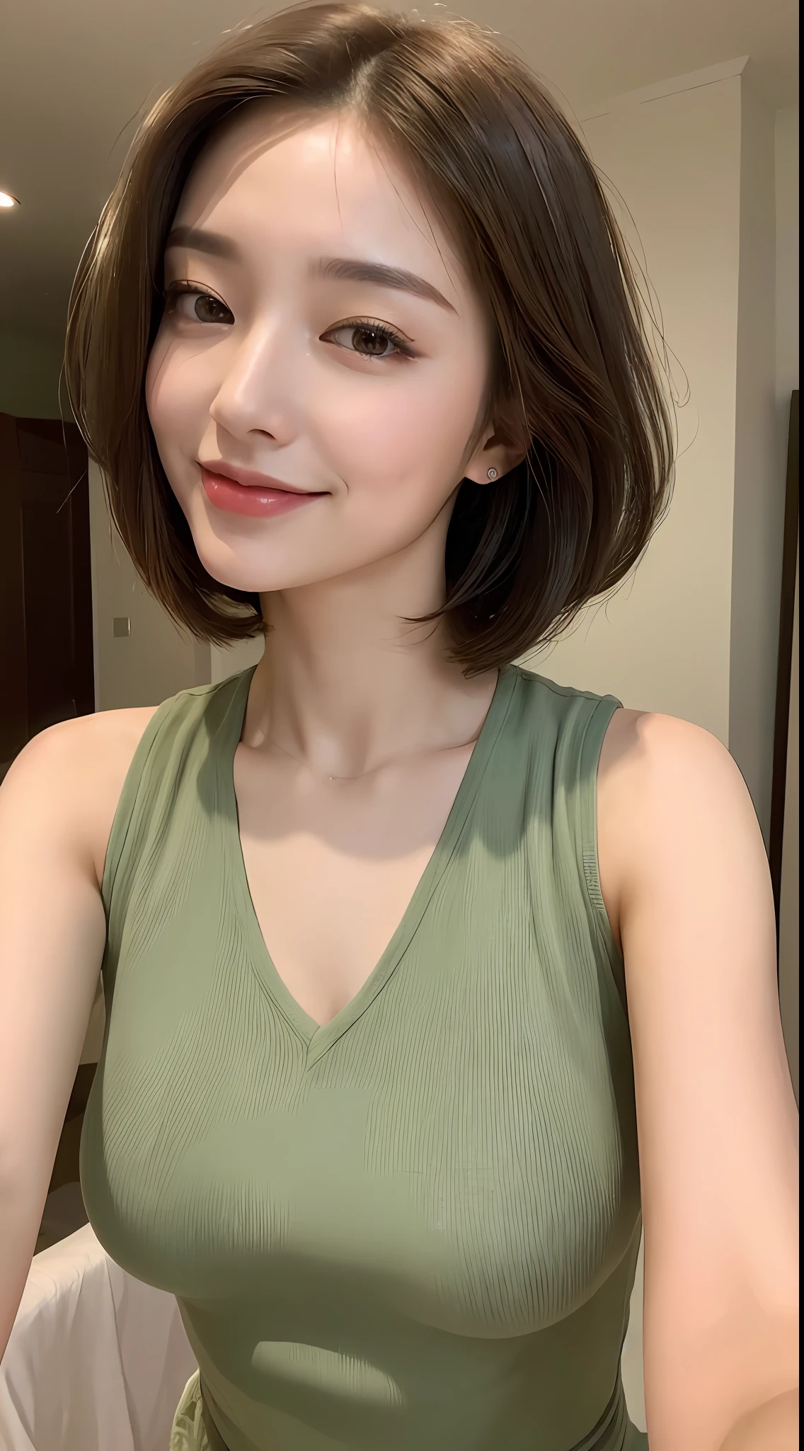 ((Best Quality, 8K, Masterpiece: 1.3)), 1girl, Slim Abs Beauty: 1.3, (Hairstyle Casual, Big Breasts: 1.2), Dress: 1.1, Super Fine Face, Delicate Eyes, Double Eyelids, Smile, Home