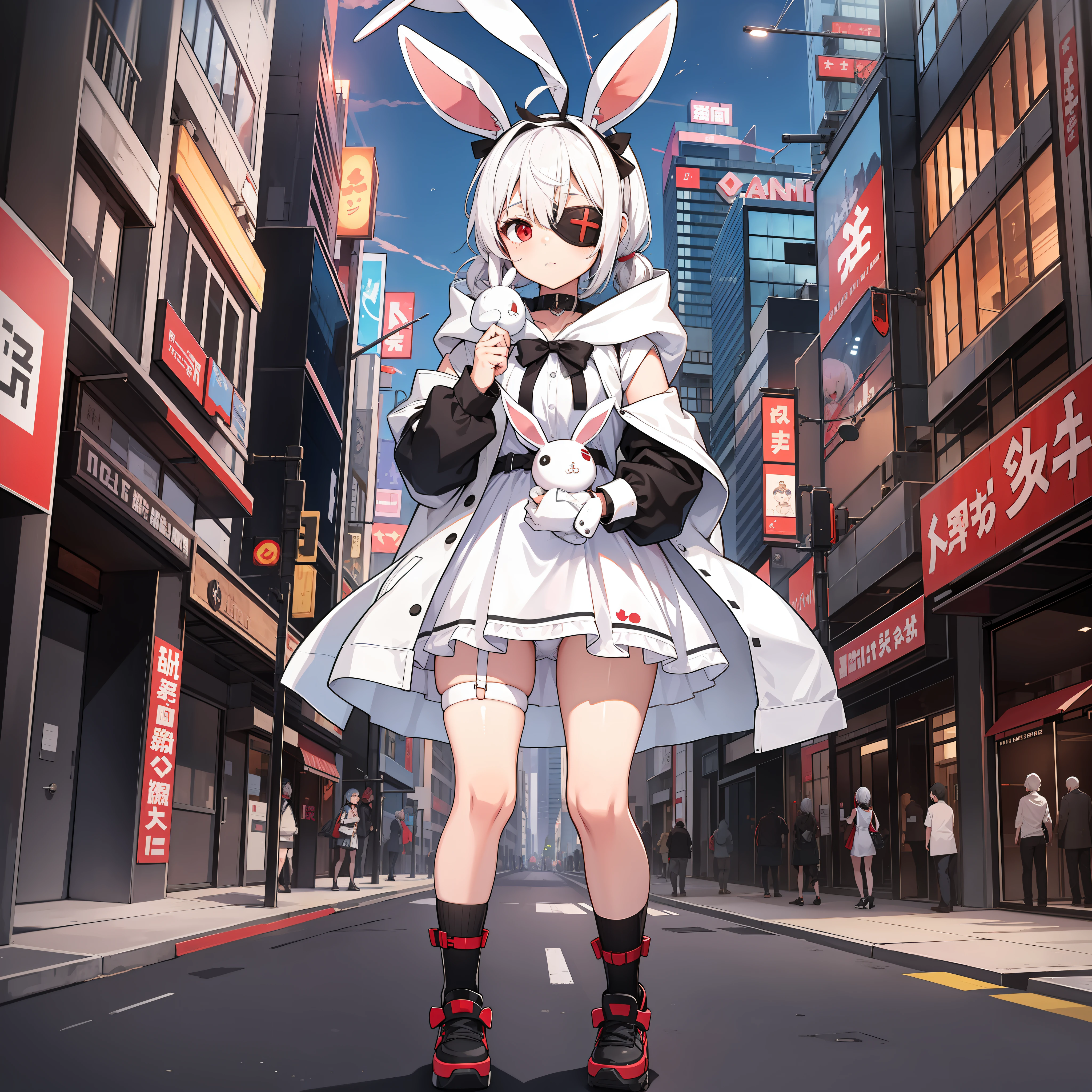 One girl, wearing one white eyepatch, holding a stuffed bunny, short white hair in two pigtails l, With a Hood, bunny ear accessories, Wearing a white short dress, red eyes, full body, In City, long shock