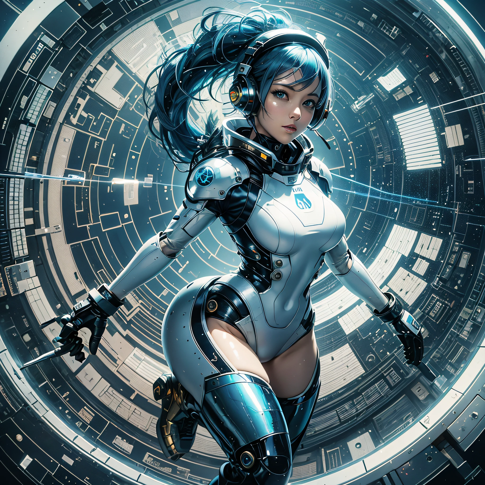 Full body, blue hair, blunt van, masterpiece, top quality, official art, album art, very elaborate CG Unity 8K wallpaper, lone girl, Japan girl, full body, super high resolution, (photorealistic: 1.4), dynamic angle, dynamic pose, mystical power, floating particles, reflection, so cute, sparkling blue color eyes, golden hour lighting, Pilot suit in white and blue and black colors, tight fitting clothes, full-body covering clothes, knee boots, (puffy eyes), viewer looking, front-facing, beauty, medium breasts, shirt lift, metal wire, slim body, arm-length gloves, anime heroine, gentle smile, headset, helmet, detailed robot cockpit, super futuristic space