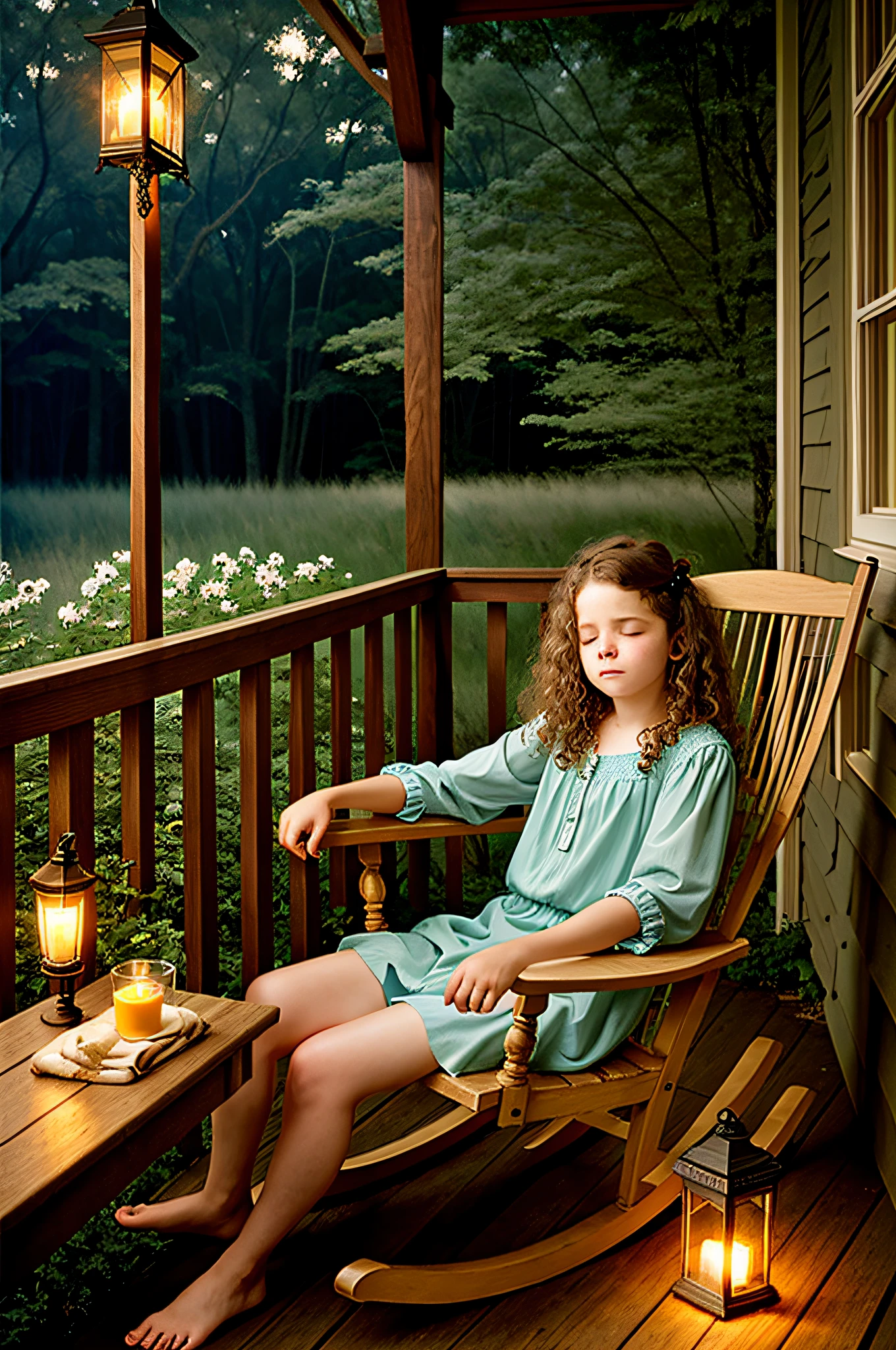 irish girl sleeping in rocking chair in southern porch with fireflies dust and porch lights summerevening humid dramatic lighting with light and shadows patterns on skin style of sally mann in color nostalgia