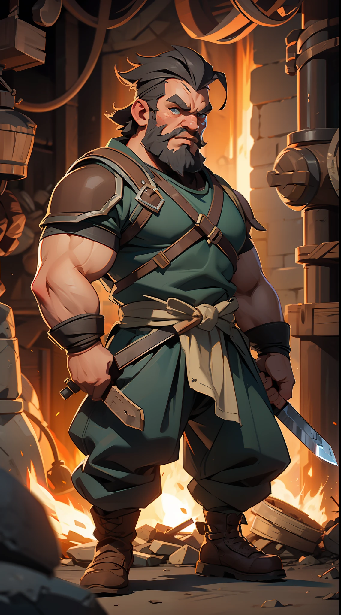 a rpg dwarf, strong, muscular, bearded, leather clothes, forging a sword, bottom, furnace, fire.