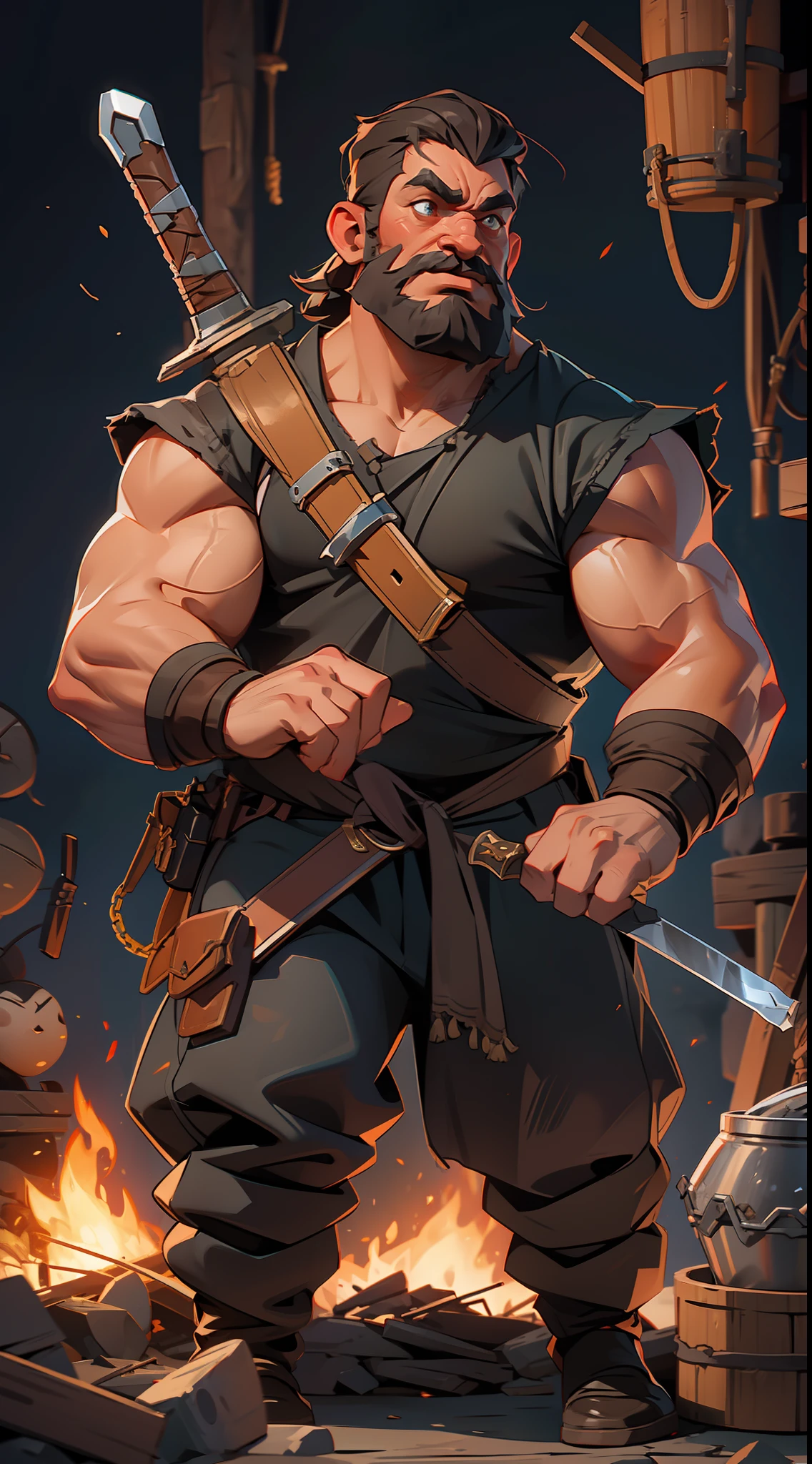 a rpg dwarf, strong, muscular, bearded, leather clothes, forging a sword, bottom, furnace, fire.