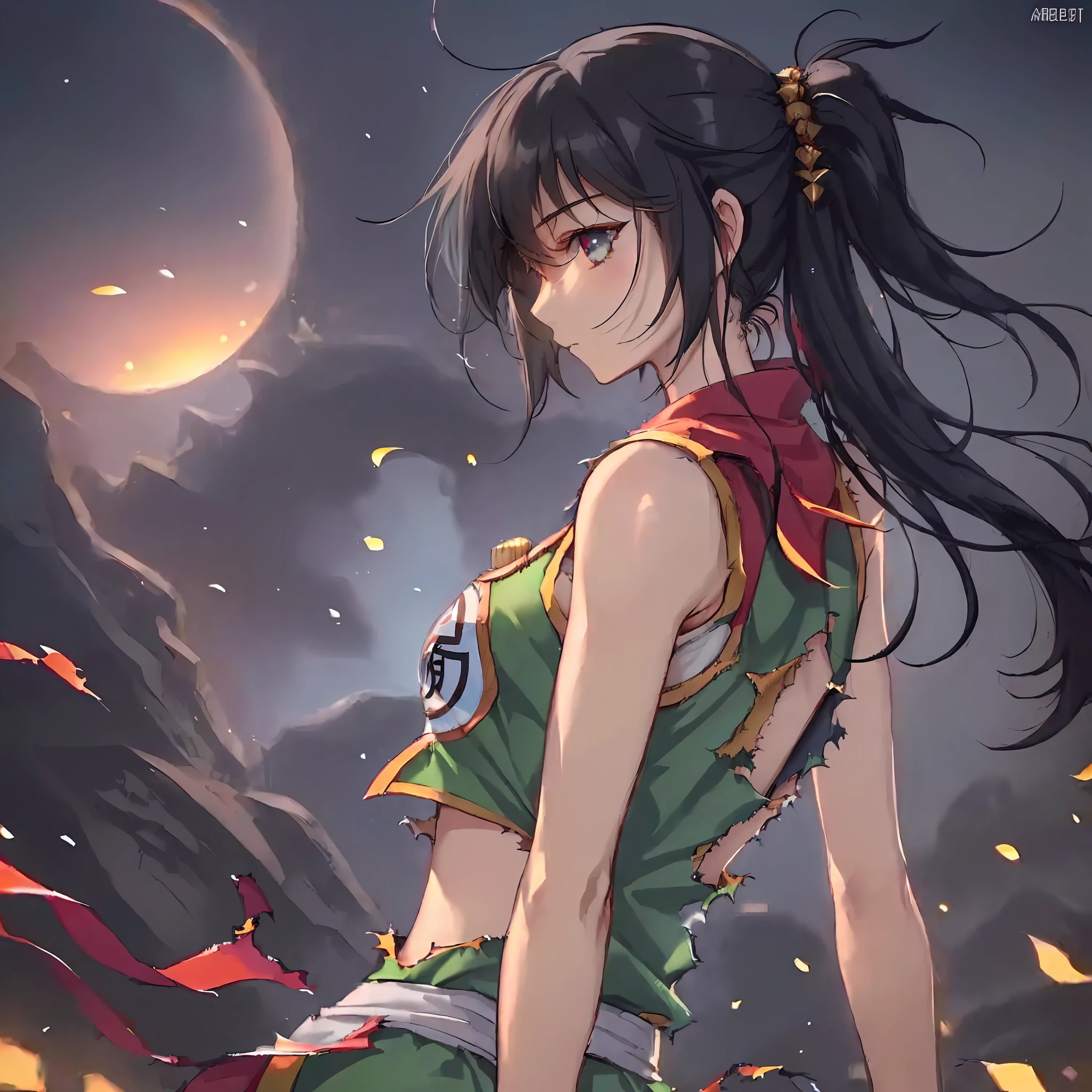 fighter (DQ3), 1 girl, ((solo)), masterpiece, top quality, very detailed, (((torn clothes)), 18 years old, black hair, (((beautiful eyes)), Chinese clothes, sleeveless, underwear, fighting style, from below, from behind, moonlight, look at side