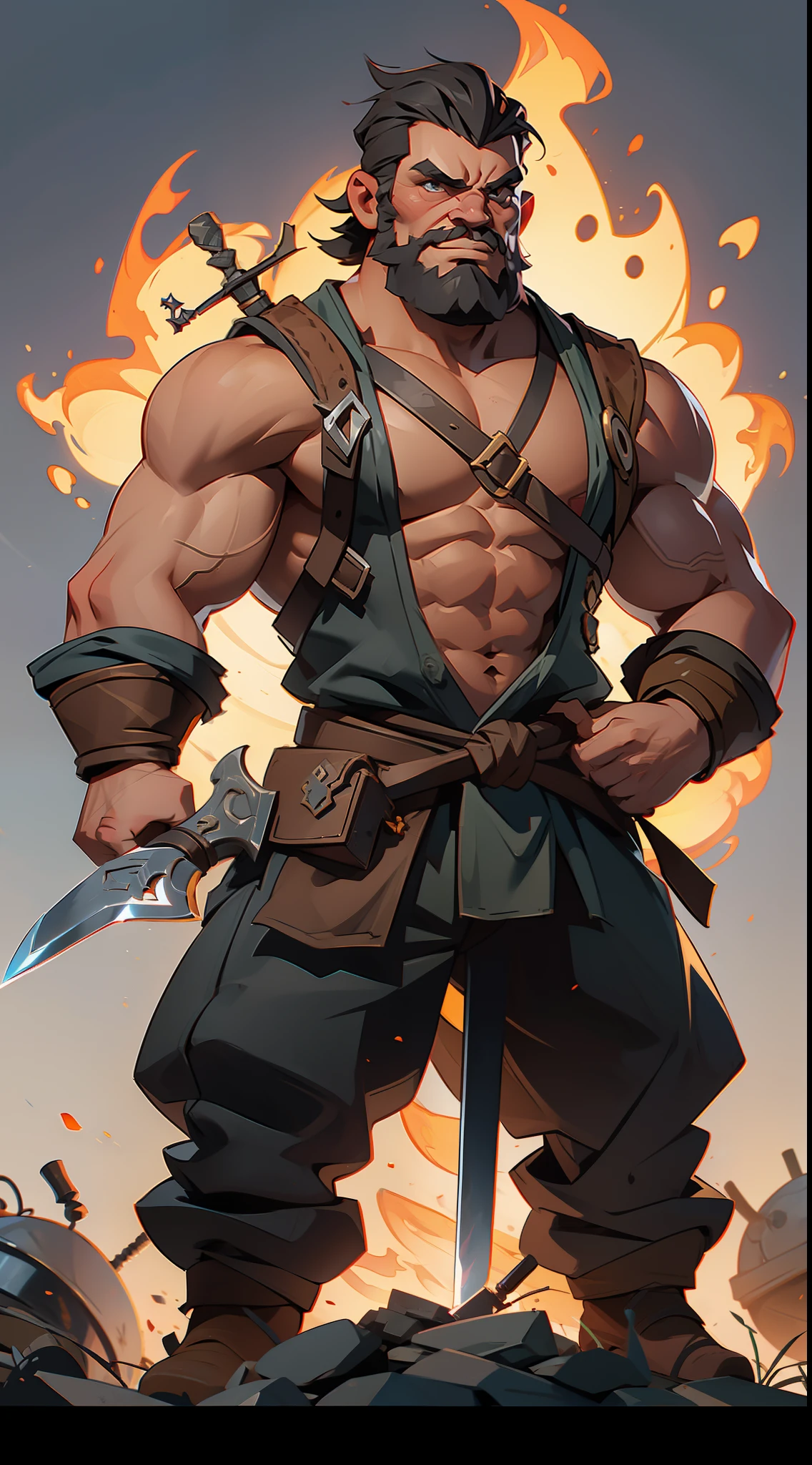 a rpg dwarf, strong, muscular, bearded, leather clothes, forging a sword, bottom, furnace, fire.