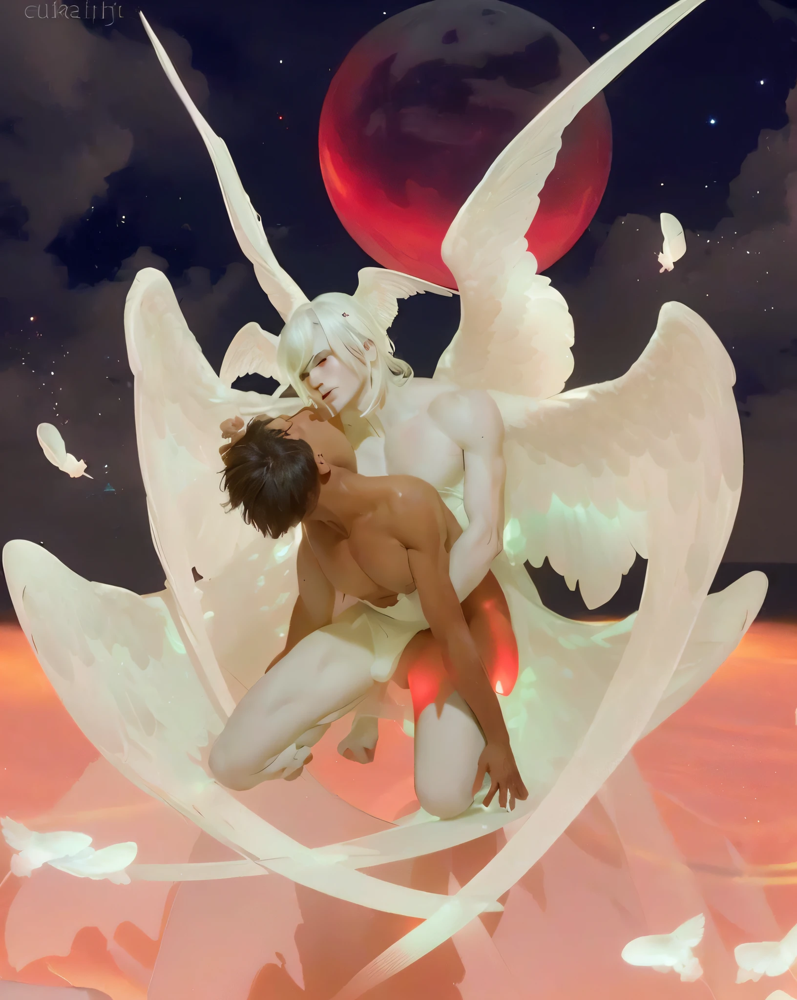 white hair, ultra high resolution, best quality, photo, 4k, (photorealistic: 1.4), cinematic lighting, a male angel with large translucent wings, fat man, abdominal muscle, black man looking up, skin texture, portal of the future, volumetric light, HD, magic, god light, backlight, detailed face, counterpart, smooth skin