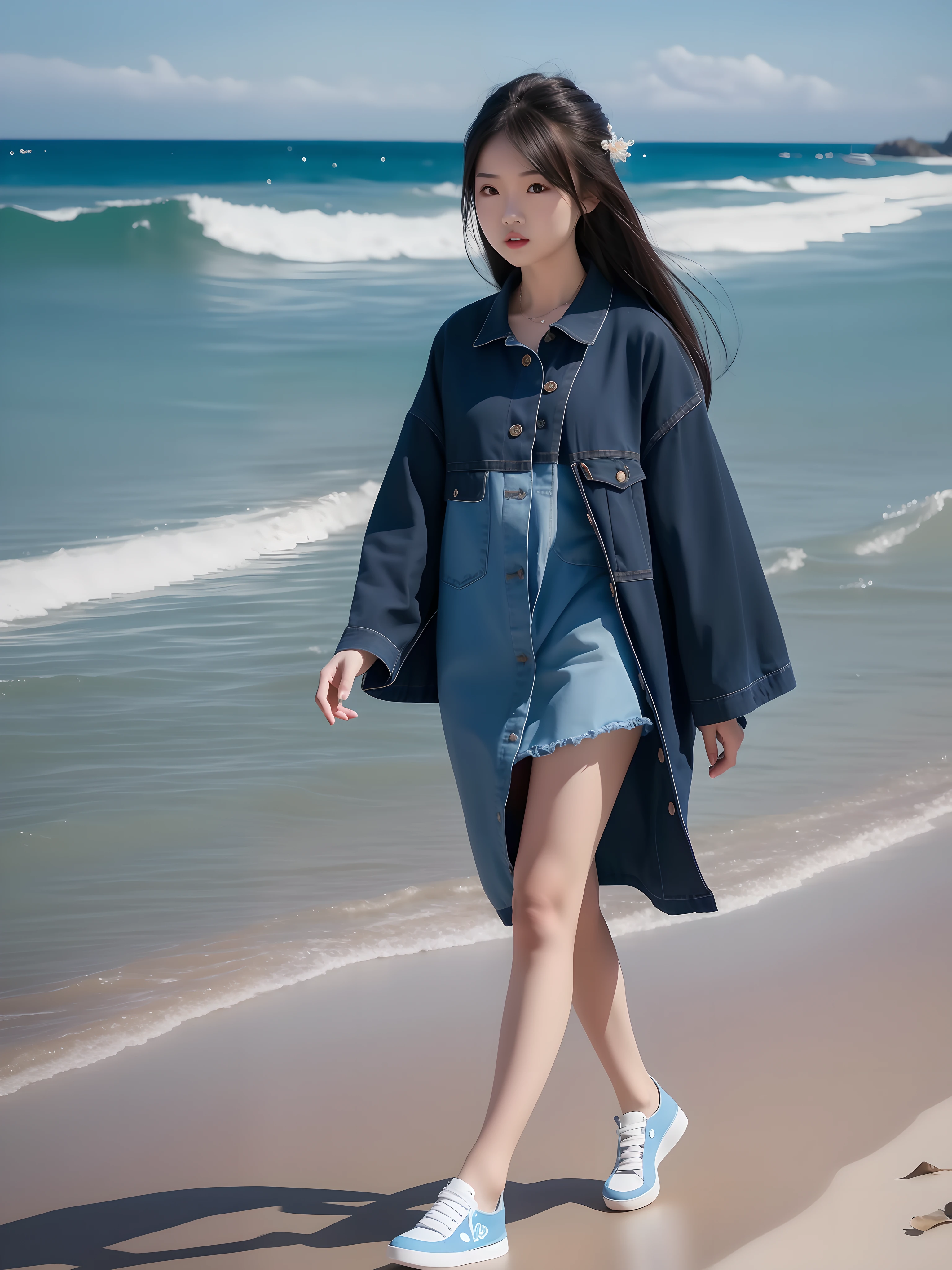 8k, high resolution, high detail, real photos, sexy figure, alafeld asian girl walking on beach with blue denim dress, denim, wearing long fluent clothes, cute young girl, fashion model, young cute girl, full body fairy, cute:2, fashion, young asian girl, real environment, movie lighting