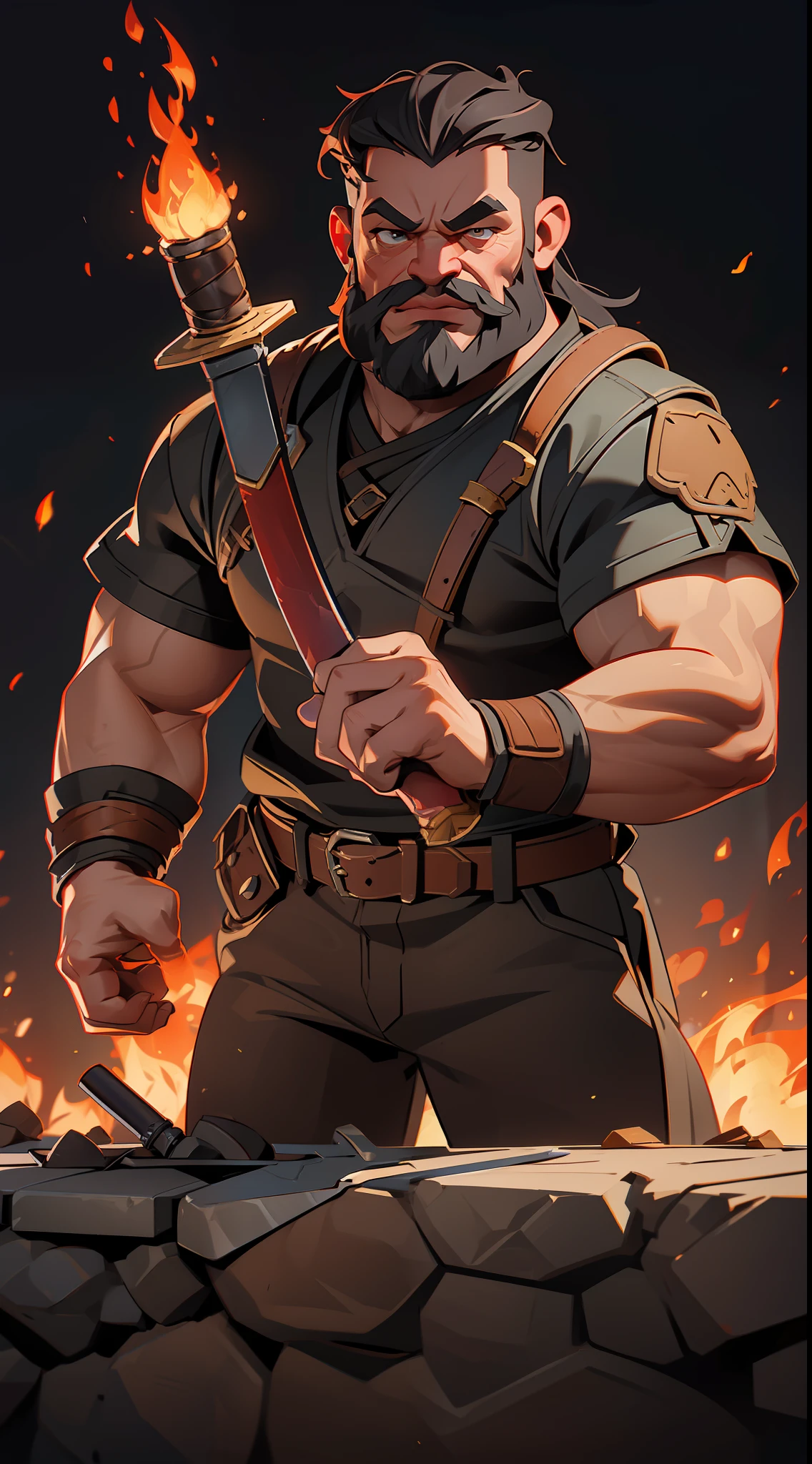 a rpg dwarf, strong, muscular, bearded, leather clothes, forging a sword, bottom, furnace, fire.