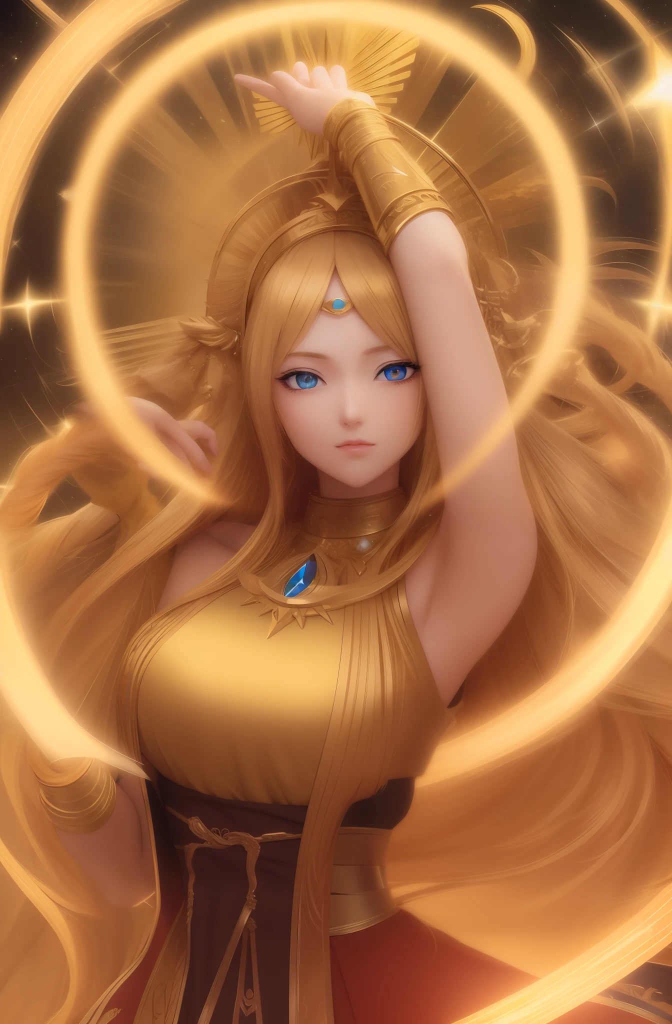 8k, anime, best quality, masterpiece, highly detailed, prism light, 1 girl, long golden hair, blue eyes, jewelry, gold, myth, greece