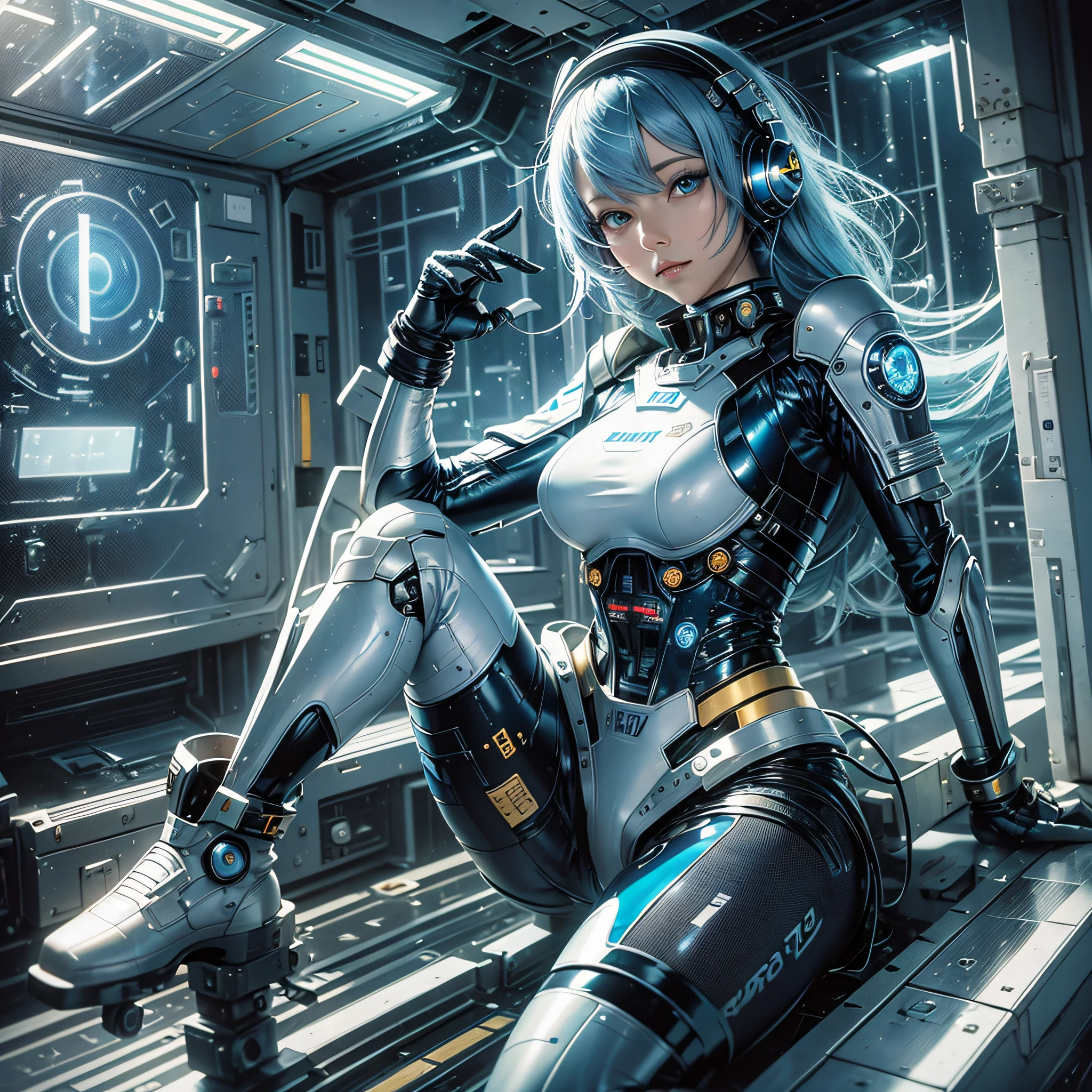 Full body, blue hair, blunt van, masterpiece, top quality, official art, album art, very elaborate CG Unity 8K wallpaper, lone girl, Japan girl, full body, super high resolution, (photorealistic: 1.4), dynamic angle, dynamic pose, mystical power, floating particles, reflection, so cute, sparkling blue color eyes, golden hour lighting, Pilot suit in white and blue and black colors, tight fitting clothes, full-body covering clothes, knee boots, (puffy eyes), viewer looking, front-facing, beauty, medium breasts, shirt lift, metal wire, slim body, arm-length gloves, anime heroine, gentle smile, headset, helmet, detailed robot cockpit, super futuristic space