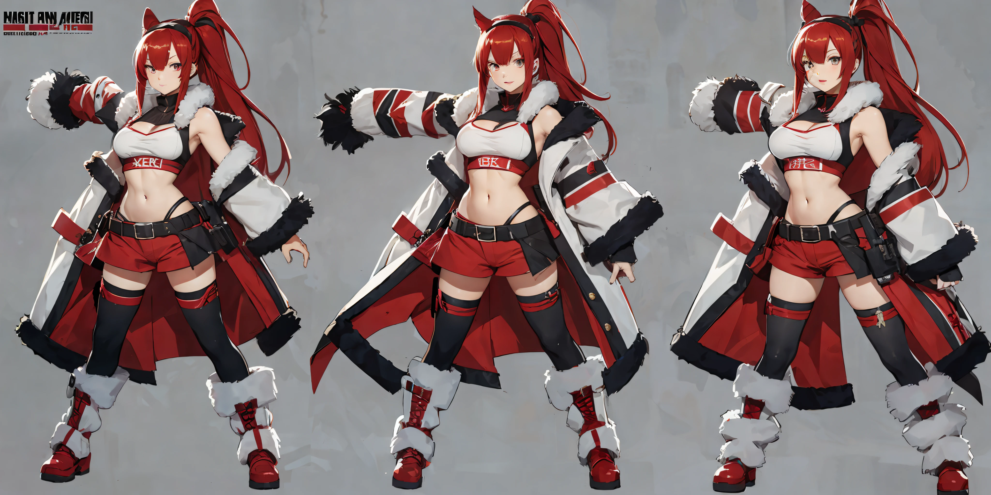1 young girl, character sheet, concept art, full body, anime girl with red hair , rogue girl, absurdly long red hair,ponytail with bangs,on forehead (headband), tube top with fur trim , sleeveless jacket,midriff, red bra, eyecontact, leather gloves, green eyes grey gloves ,grey thighhighs, headband on forehead (( large breasts )),lipstick, looking at viewer, red shorts, red top ,red lips, ,sash around hips, standing ,striped sash on hips,thighhighs thighs, style artgerm, ig model --auto --s2