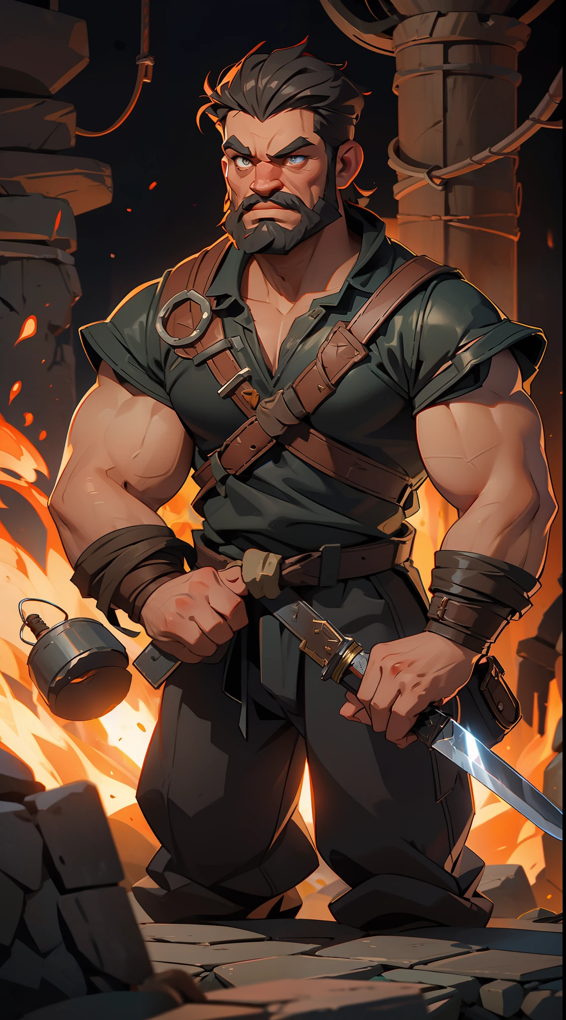 A muscular and bearded RPG dwarf in leather clothes, intently forging a sword in a low-lit underground forge where the heat from the furnace and the bright flames of the fire illuminate his focused expression.