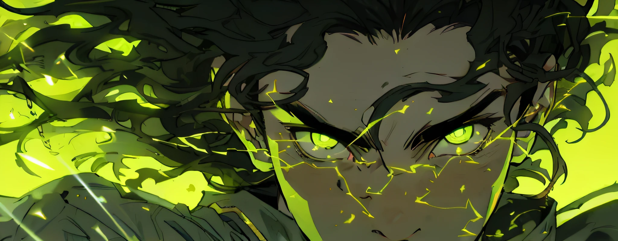 a close up of a person with a green eyes and a black hair, handsome guy in demon slayer art, demon slayer artstyle, green glowing cracks on face, screenshot from black clover, demon slayer, his eyes glowing yellow, screenshot from guro anime, with glowing yellow eyes, up close shot shinji aramaki, kimetsu no yaiba --auto --s2