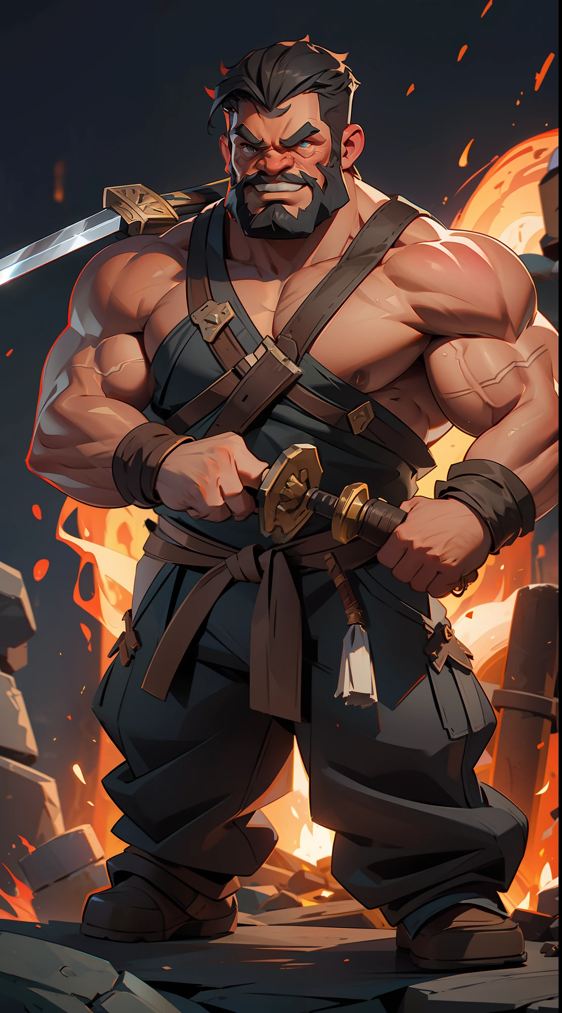 a rpg dwarf, strong, muscular hulk, bearded, leather clothes, forging a sword, bottom, furnace, fire.