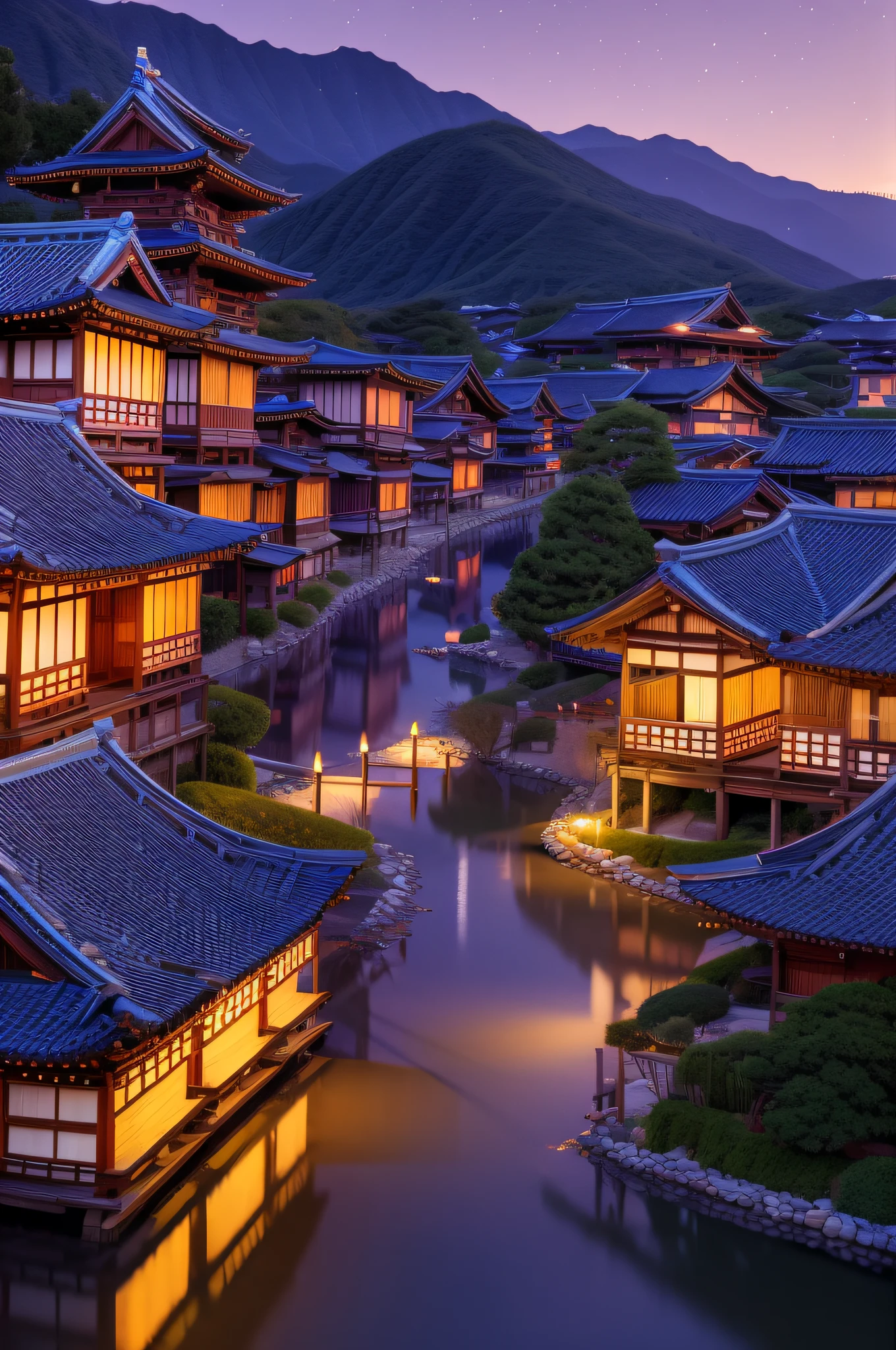 village with many lights, japanese village, japanese city, japanese village, hyper realistic photo of a city, old asian village, sunset, japanese ancient castle, beautifully lit buildings, at night, beautiful and aesthetic, photography, cinematic, 8k, high detailed