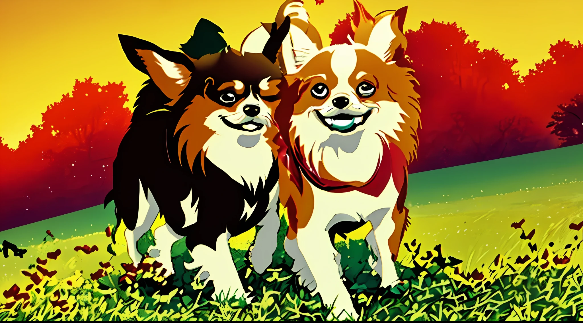 Two small Chihuhauas running on the grass with their heads turned, long-haired Chihuahua, Chihuahua, two dogs, both smiling at the camera, cute!, symmetrical!, puppies, symmetrical!, jazzy, twoddle, cute dog, fun, cute"