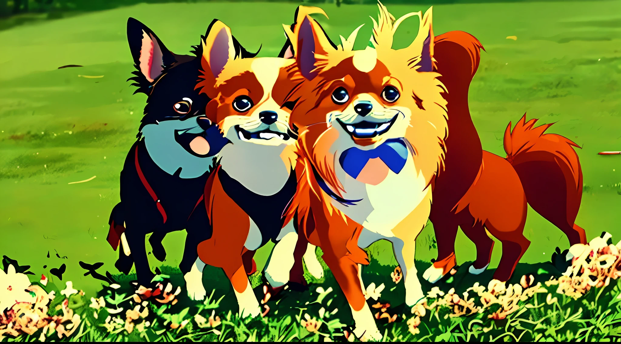 Two small Chihuhauas running on the grass with their heads turned, long-haired Chihuahua, Chihuahua, two dogs, both smiling at the camera, cute!, symmetrical!, puppies, symmetrical!, jazzy, twoddle, cute dog, fun, cute"