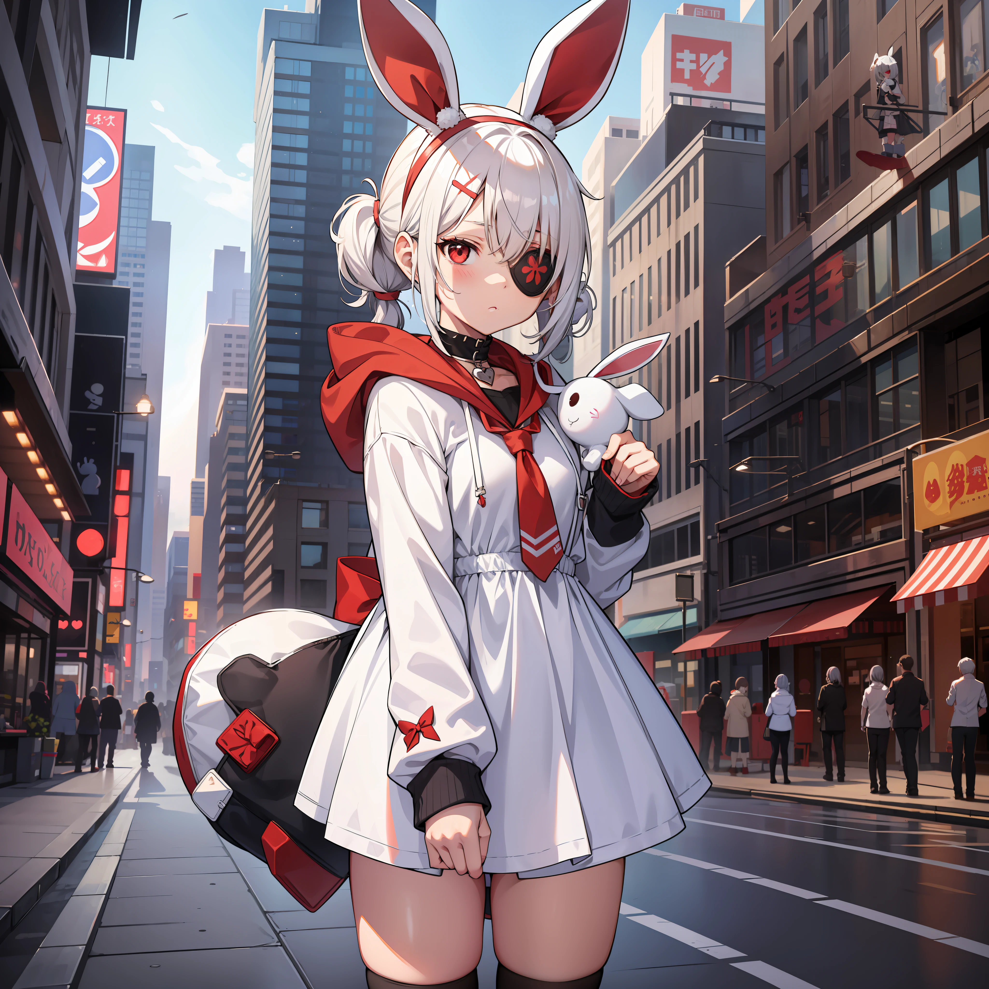 One girl, wearing one white eyepatch, holding a stuffed bunny, short white hair in two pigtails l, With a Hood, bunny ear accessories, Wearing a white short dress, red eyes, full body, In City, long shock