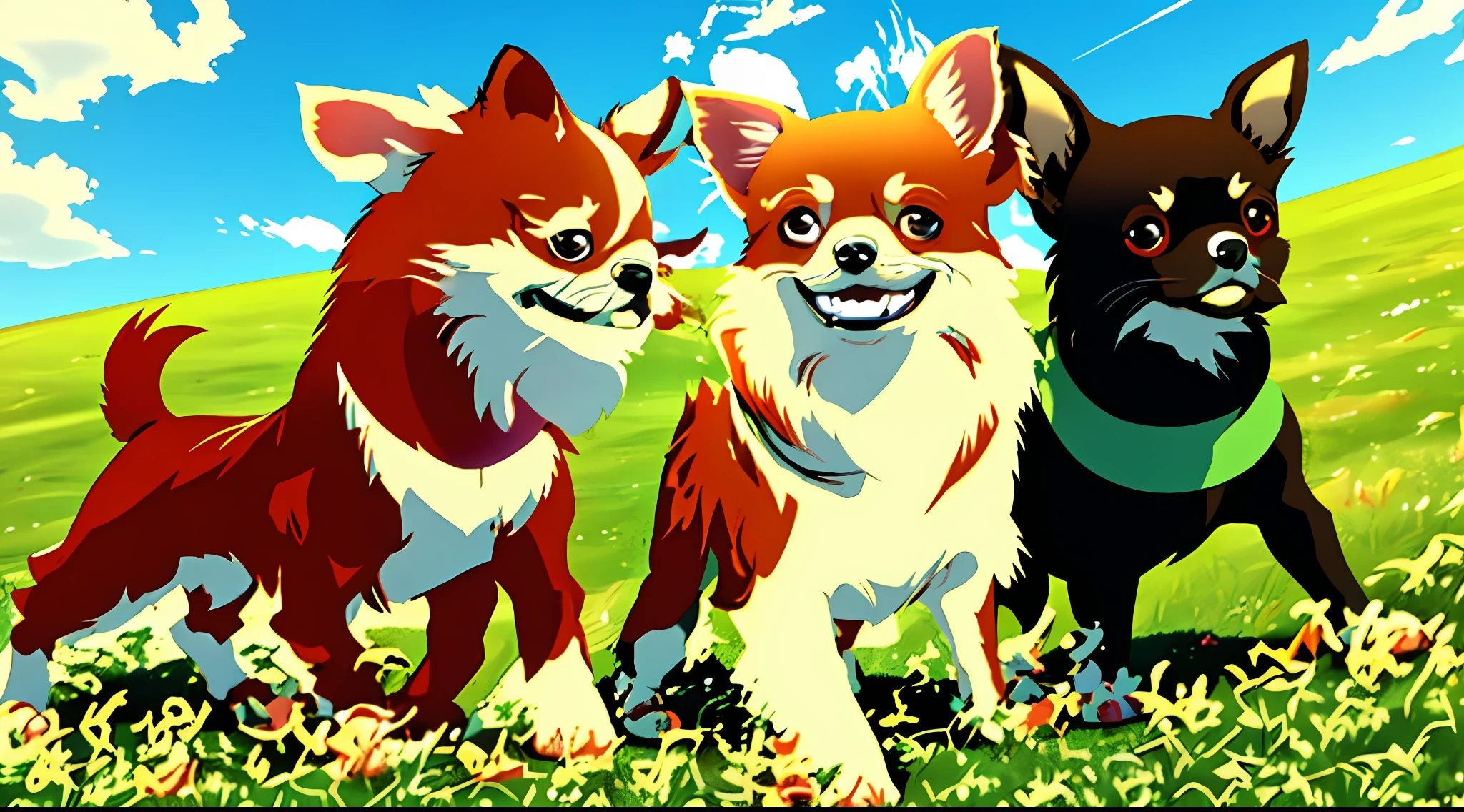 Two small Chihuhauas running on the grass with their heads turned, long-haired Chihuahua, Chihuahua, two dogs, both smiling at the camera, cute!, symmetrical!, puppies, symmetrical!, jazzy, twoddle, cute dog, fun, cute"