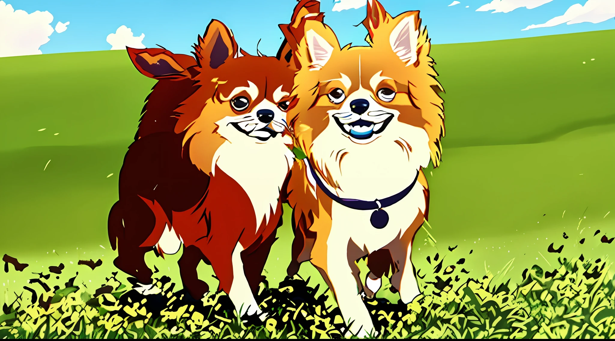 Two small Chihuhauas running on the grass with their heads turned, long-haired Chihuahua, Chihuahua, two dogs, both smiling at the camera, cute!, symmetrical!, puppies, symmetrical!, jazzy, twoddle, cute dog, fun, cute"