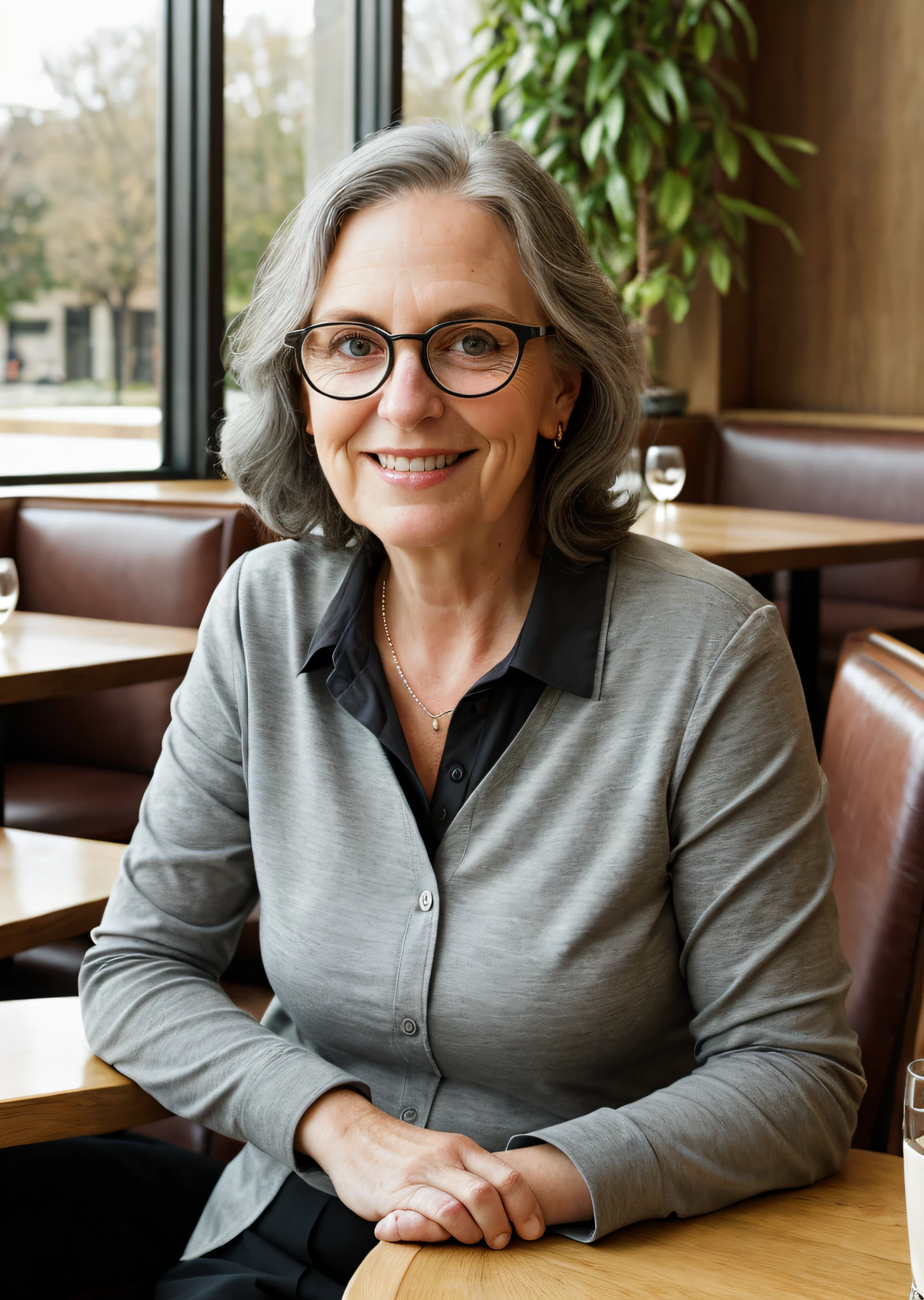 Draw me, a professor, sitting in a fancy restaurant, in my mid-50s, happy face, gray hair, afternoon sunshine, background clipping, clarity, portraits