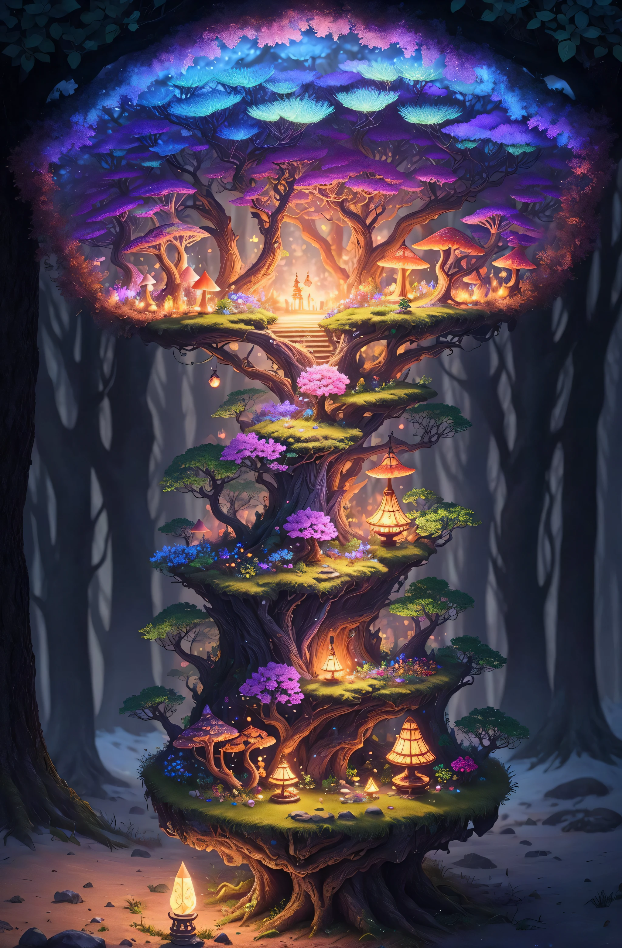 masterpiece, best quality, high quality,extremely detailed CG unity 8k wallpaper, An enchanting and dreamy scene of a fantasy forest, with towering trees, glowing mushrooms, and hidden fairy glens, creating a sense of mystique and enchantment, artstation, digital illustration, intricate, trending, pastel colors, oil paiting, award winning photography, Bokeh, Depth of Field, HDR, bloom, Chromatic Aberration ,Photorealistic,extremely detailed, trending on artstation, trending on CGsociety, Intricate, High Detail, dramatic, art by midjourney