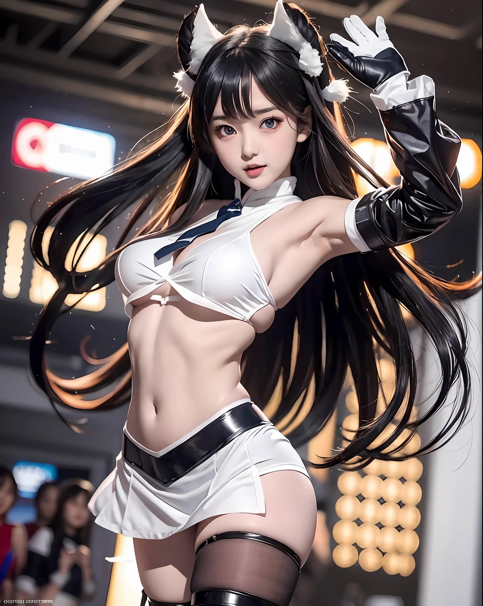 hestia cosplay, rei no himo, 1girl, breasts, long hair, solo, ushio (kancolle), gloves, black hair, white gloves, open mouth, blush, brown eyes, ahoge, dynamic angle,covered navel, looking at viewer, closed mouth,ellaFreya,mafuyu crowd,cosplay,comic con,