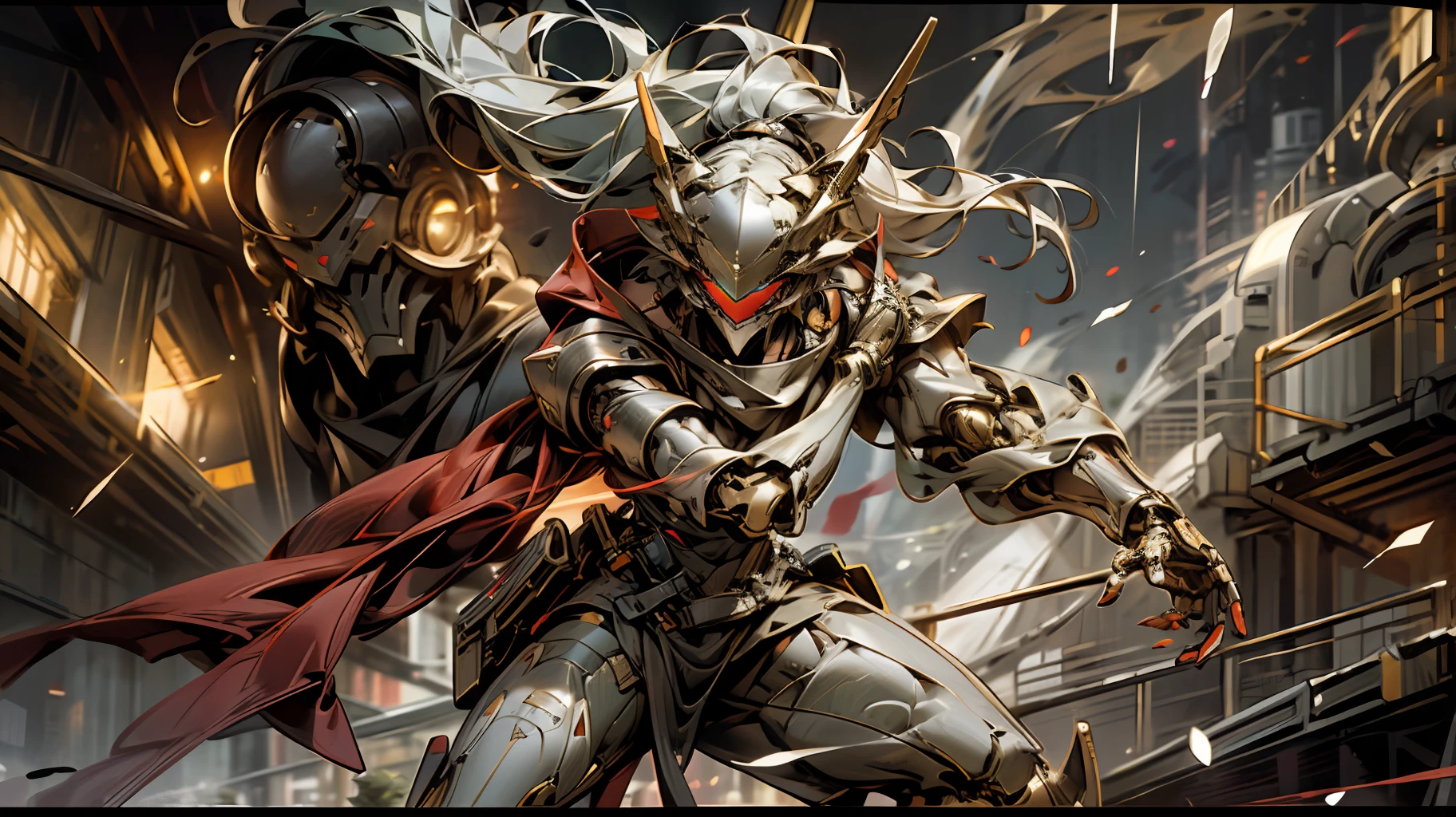 A mech, long silver-white ponytail and waist, V-shaped mechanical helmet, green light on the eye area, wearing a sexy mech suit, red torn cloak swaying in the wind, a red glowing m4, night, rain, a destroyed cyberspace in the apocalypse, lifelike, best image quality, highest definition and clarity, original, surrealism, high detail, futurism, action painting, chiaroscuro, cinematic lighting, ray tracing, reflected light, cowboy shot, close-up, battle stance drawing