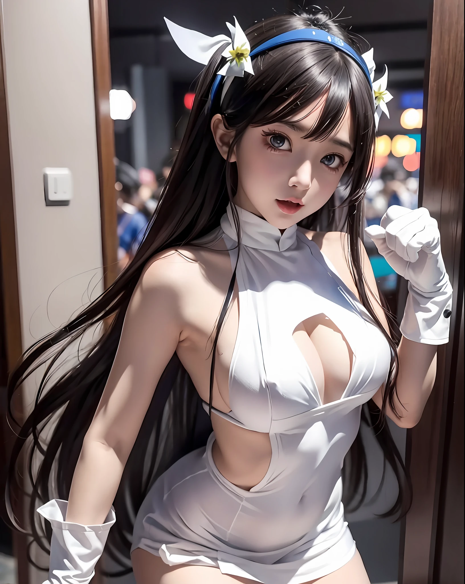 hestia cosplay, rei no himo, 1girl, , long hair, solo, ushio (kancolle), gloves, black hair, white gloves, open mouth, blush, brown eyes, ahoge, dynamic angle,covered navel, looking at viewer,  closed mouth,ellaFreya,mafuyu crowd,cosplay,comic con,