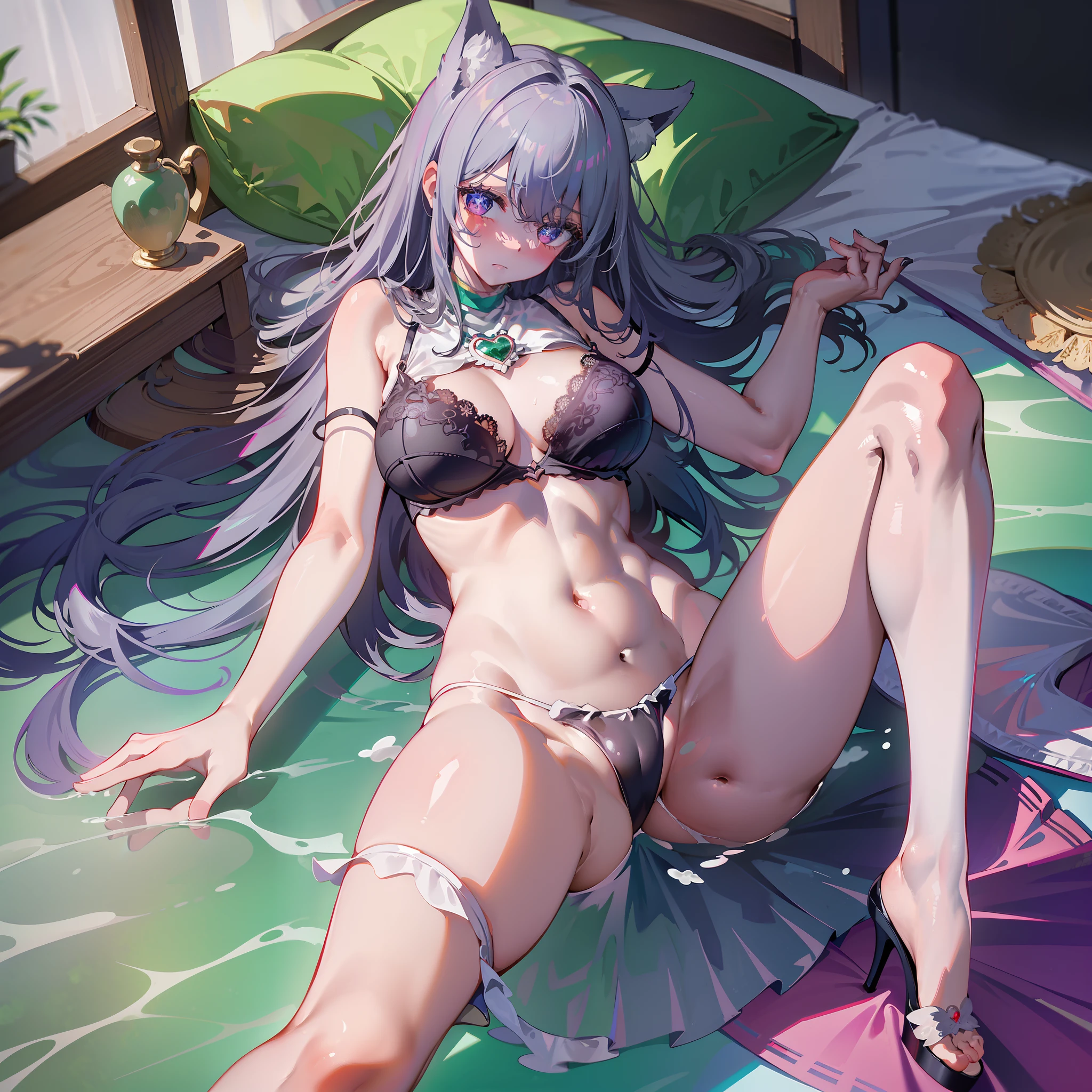 Master works, best image quality, high detail, ultra-high resolution, 8k resolution, panorama, ((((normal body parts for women)))), watery eyes, cat mouth, fox ears, long hair, gray hair, straight hair, collar, lace trim, see-through clothing, duck sitting, staring, bed, blushing, wearing high heels, shyness, lying on your back, lying, single, nurse, drooling, headbands, (bare shoulders)). ((bare belly)), (((drenched))), openwork lace transparent JK only covers three points, (((exposes normal high heels on the feet)), (((bare navel)), (slender legs))), fox ears, ((obvious agar jade liquid all over the body))), (C breasts), ((protruding bra does not support the chest)), (belly slightly bulging), (((no socks))), long legs, high heels