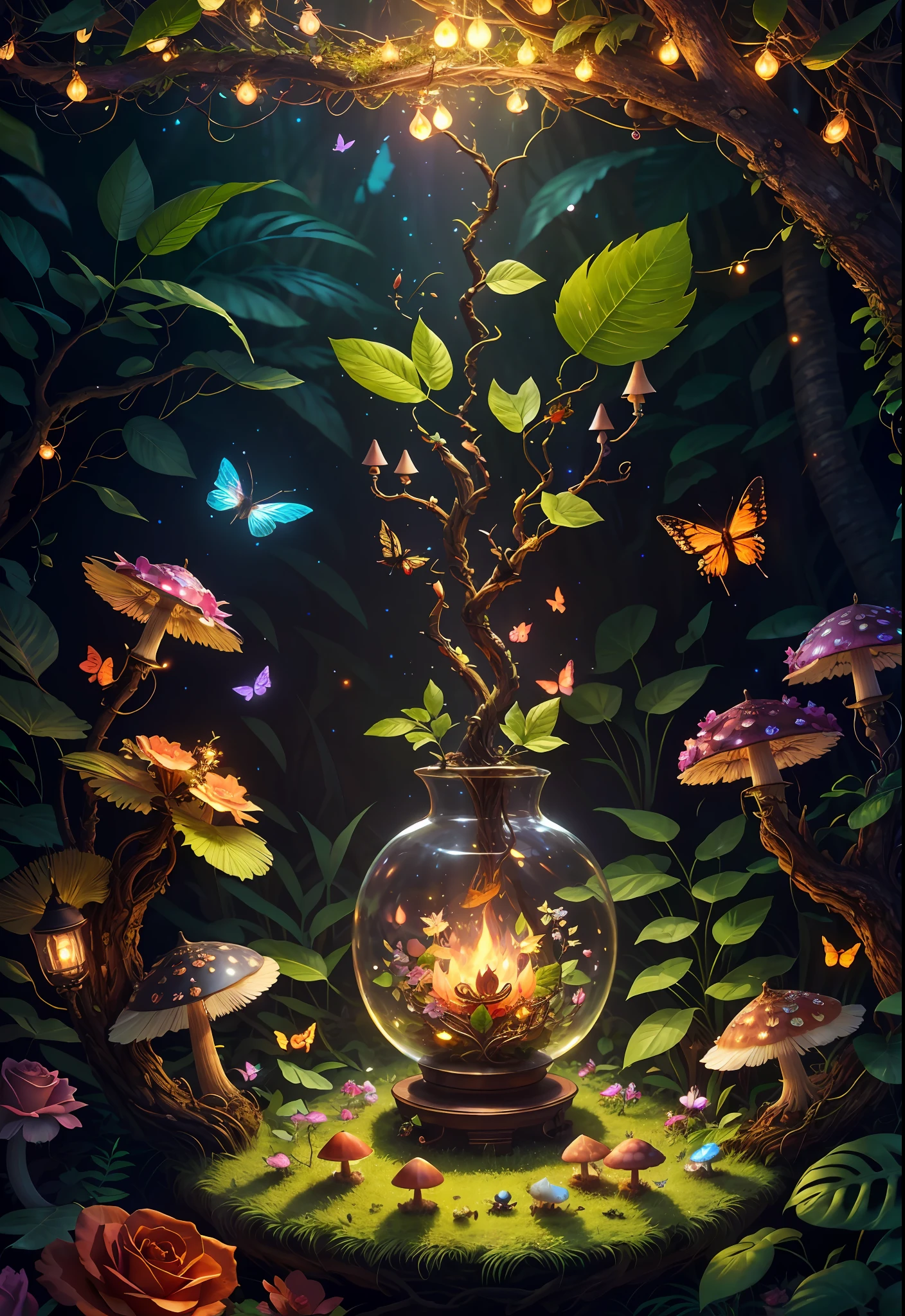 Fantasy in a glass, "ethereal roses, cute animals, glowing little mushrooms surrounded by delicate leaves and branches, and fireflies and glowing particle effects", (natural elements), (jungle theme), (leaves), (branches), (fireflies), butterflies, (delicate leaves), (glow), (particle effects), super realistic, super detailed, dramatic lightning, 4k, masterpiece,