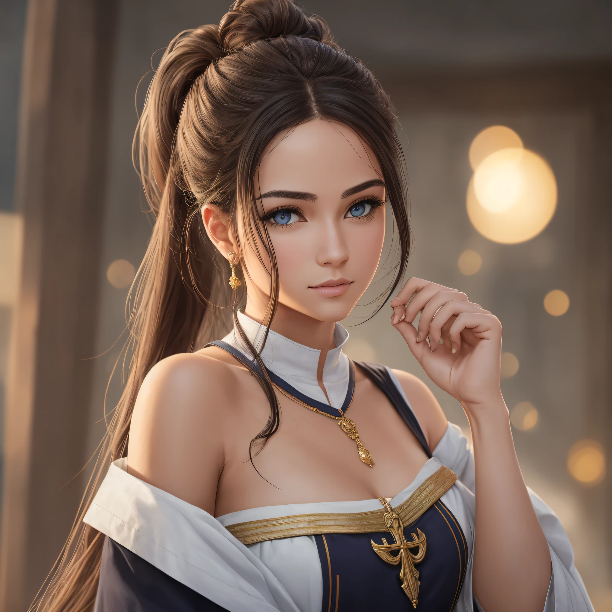 best quality, masterpiece, alta_res, 1girl,priest, beautiful face, (realistic photo: 1.3), edge lighting, (highly detailed skin: 1.2), 8k uhd, dslr, high quality, high resolution, 4k, 8k, Bokeh, medium breasts, absurd, contorted ponytail, best ratio four fingers and a thumb, (realistic:1.2), --auto --s2