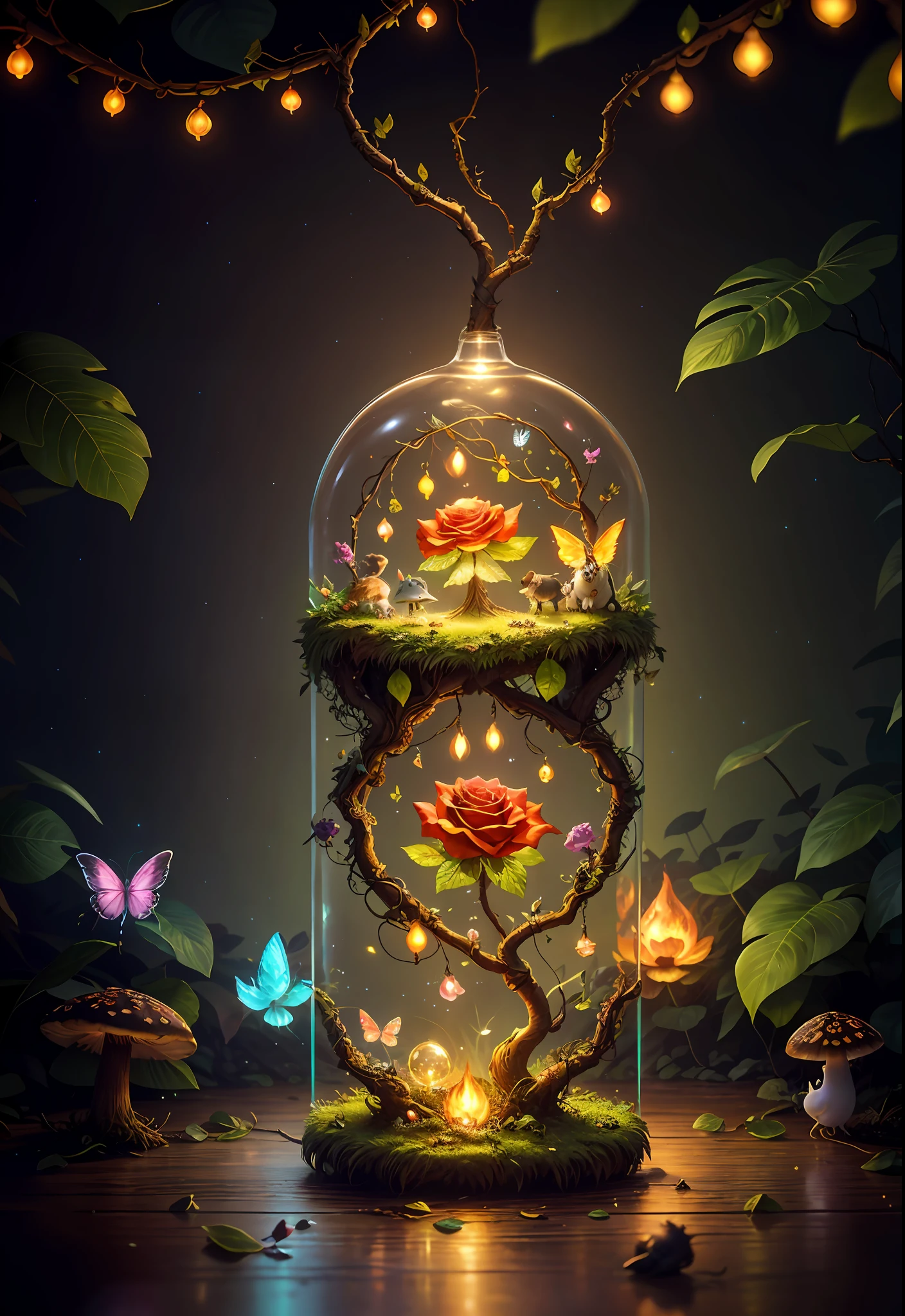 Fantasy in a glass, "ethereal roses, cute animals, glowing little mushrooms surrounded by delicate leaves and branches, and fireflies and glowing particle effects", (natural elements), (jungle theme), (leaves), (branches), (fireflies), butterflies, (delicate leaves), (glow), (particle effects), super realistic, super detailed, dramatic lightning, 4k, masterpiece,