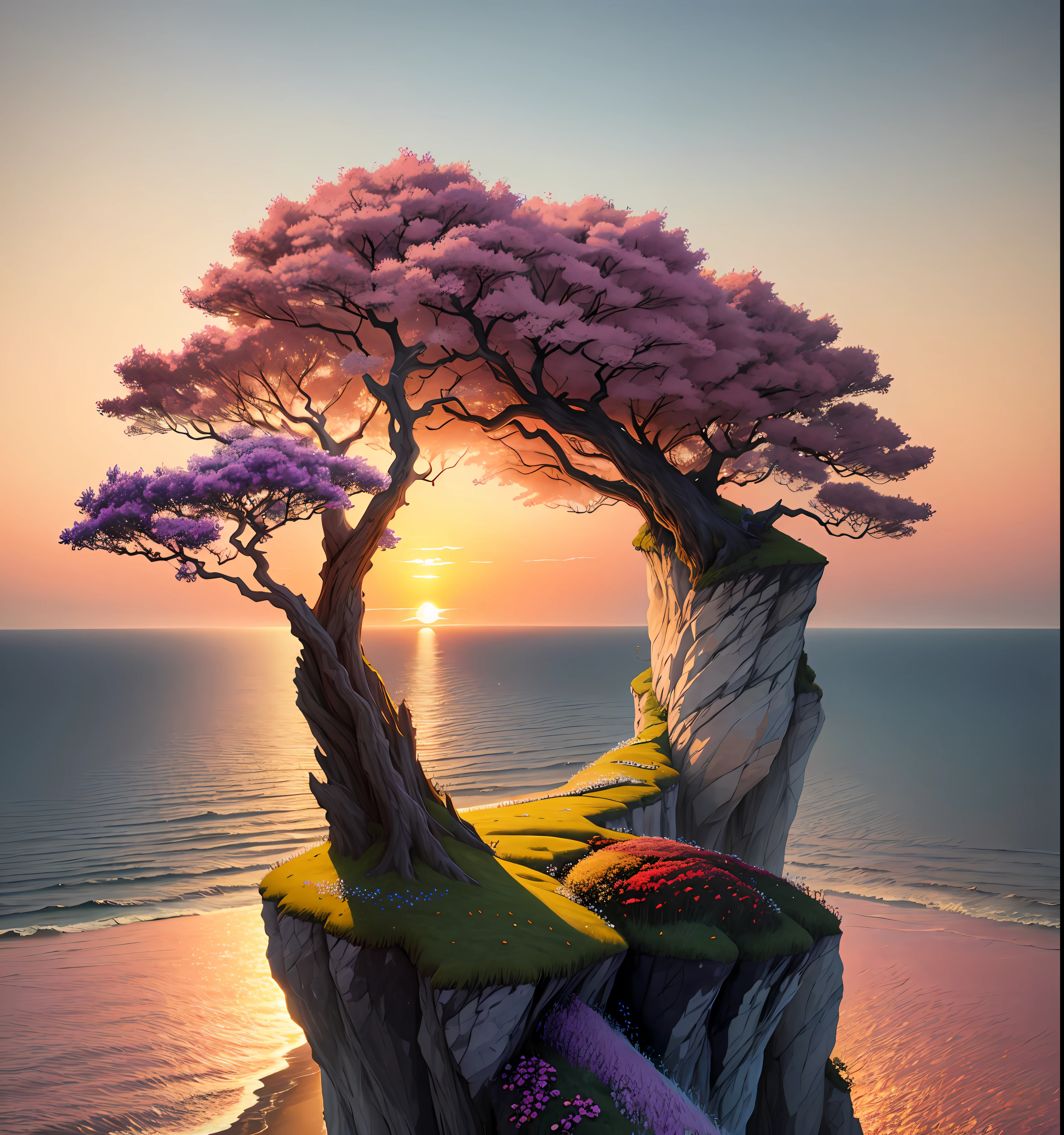 nature，Detailed lighting，Sea of flowers，sky，Sunset，breeze，defoliation，cliff，