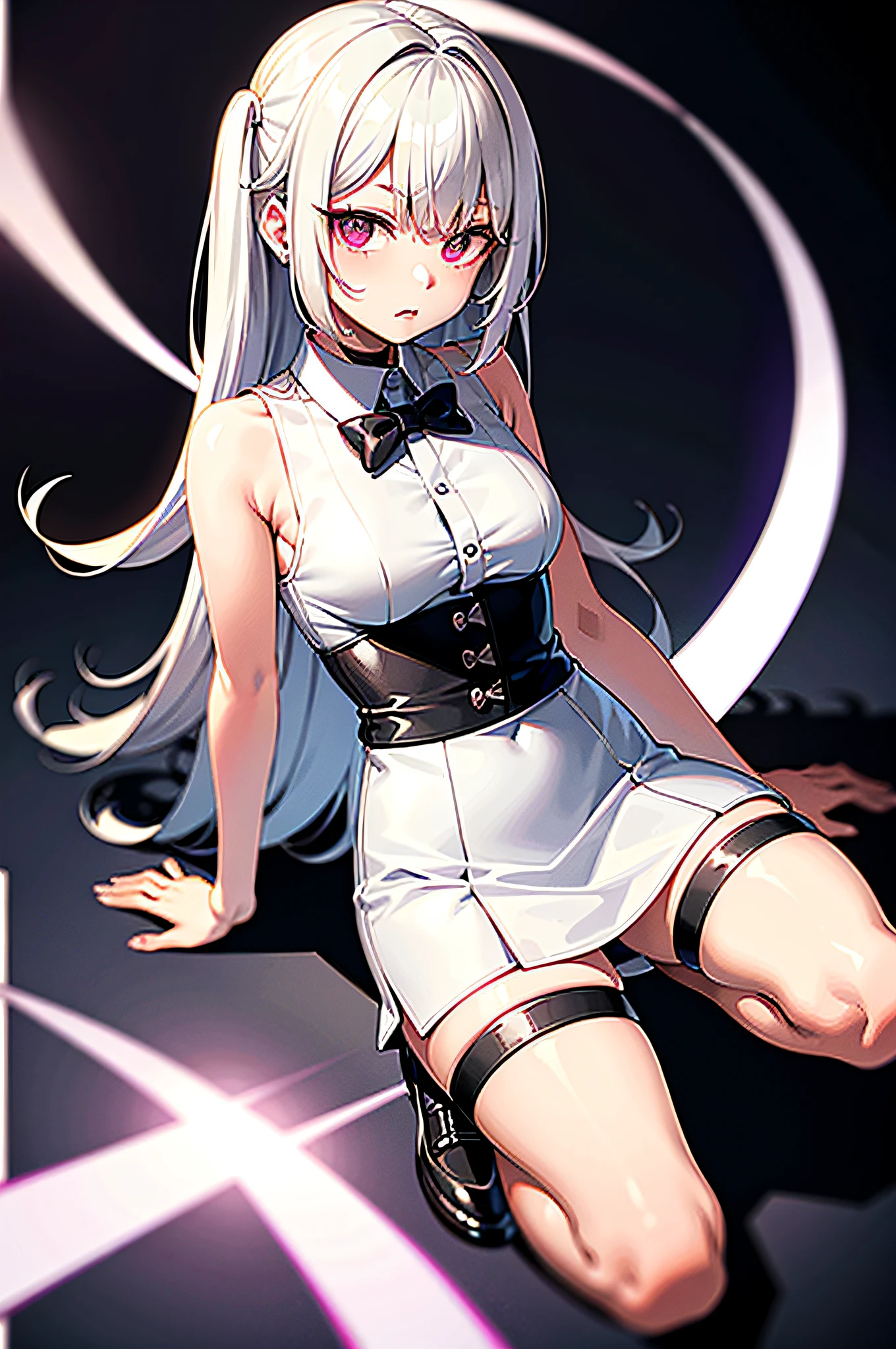 best quality, ultra high res, 1girl, sleeveless white button shirt, black skirt, black choker, cute, (Kpop idol), (aegyo sal:1), (platinum blonde hair:1), ((puffy eyes)), looking at viewer, full body, facing front