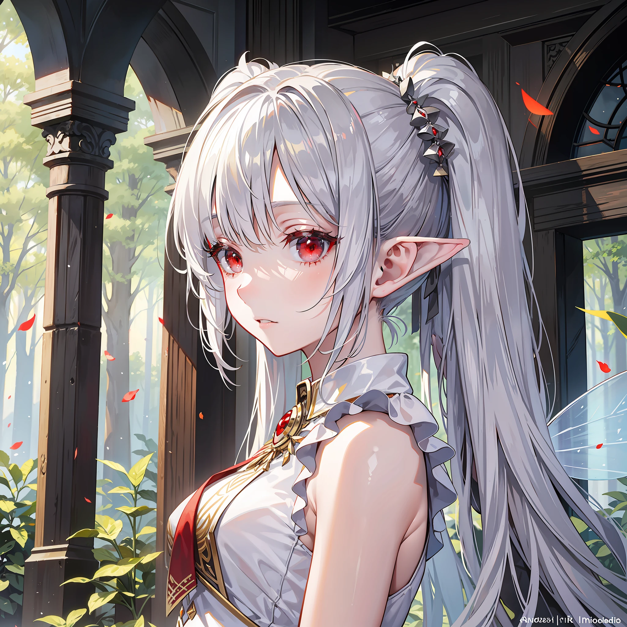 Masterpiece, Best Quality, Beautiful Lighting, Photorealism, Natural Environment, Silver-haired twintails, White skin, Red eyes, Sleeveless, Fairy, White dress, Elf