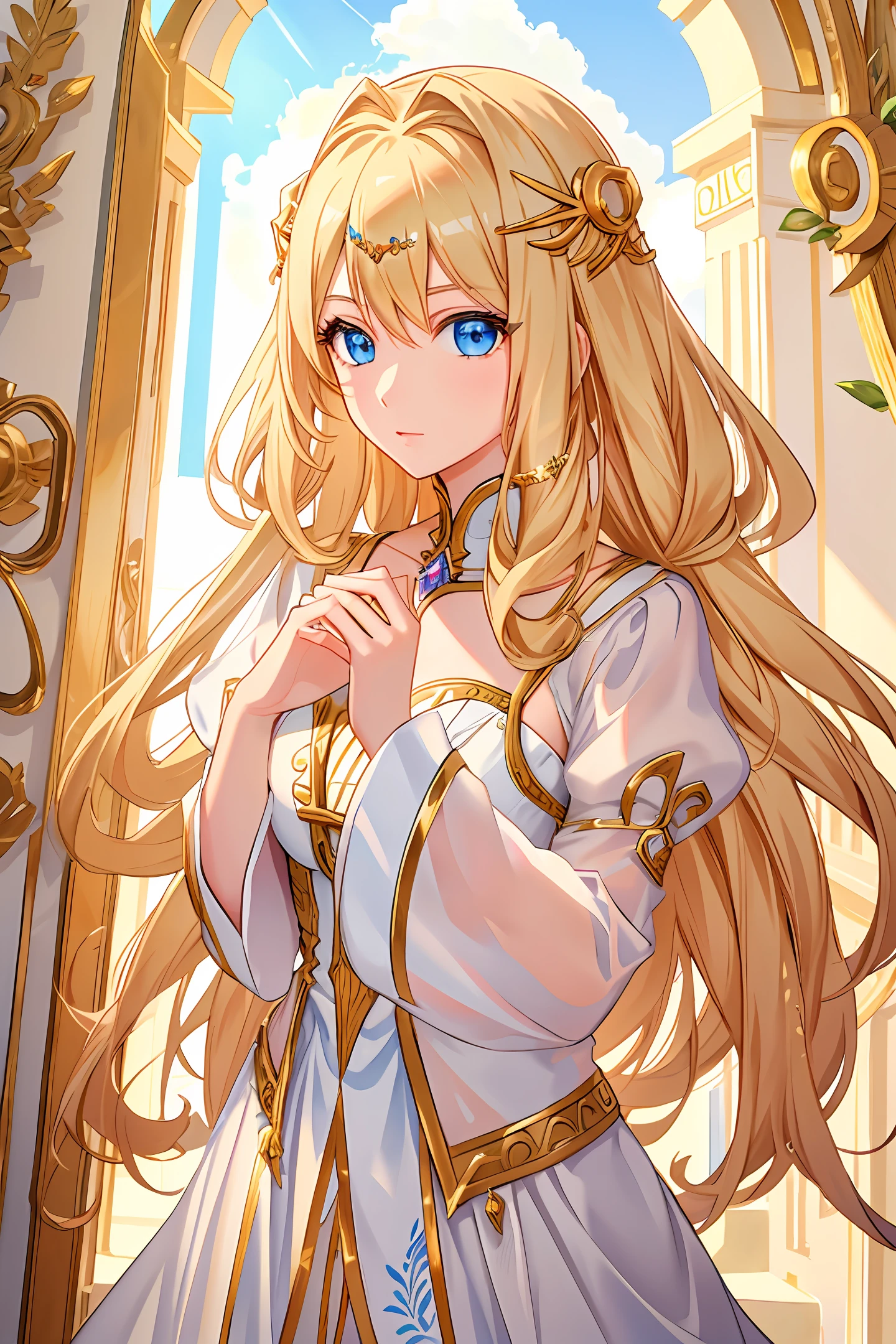 8k, best quality, masterpiece, anime, highly detailed, light, prism, 1 girl, long golden hair, blue eyes, jewelry, myth, greece