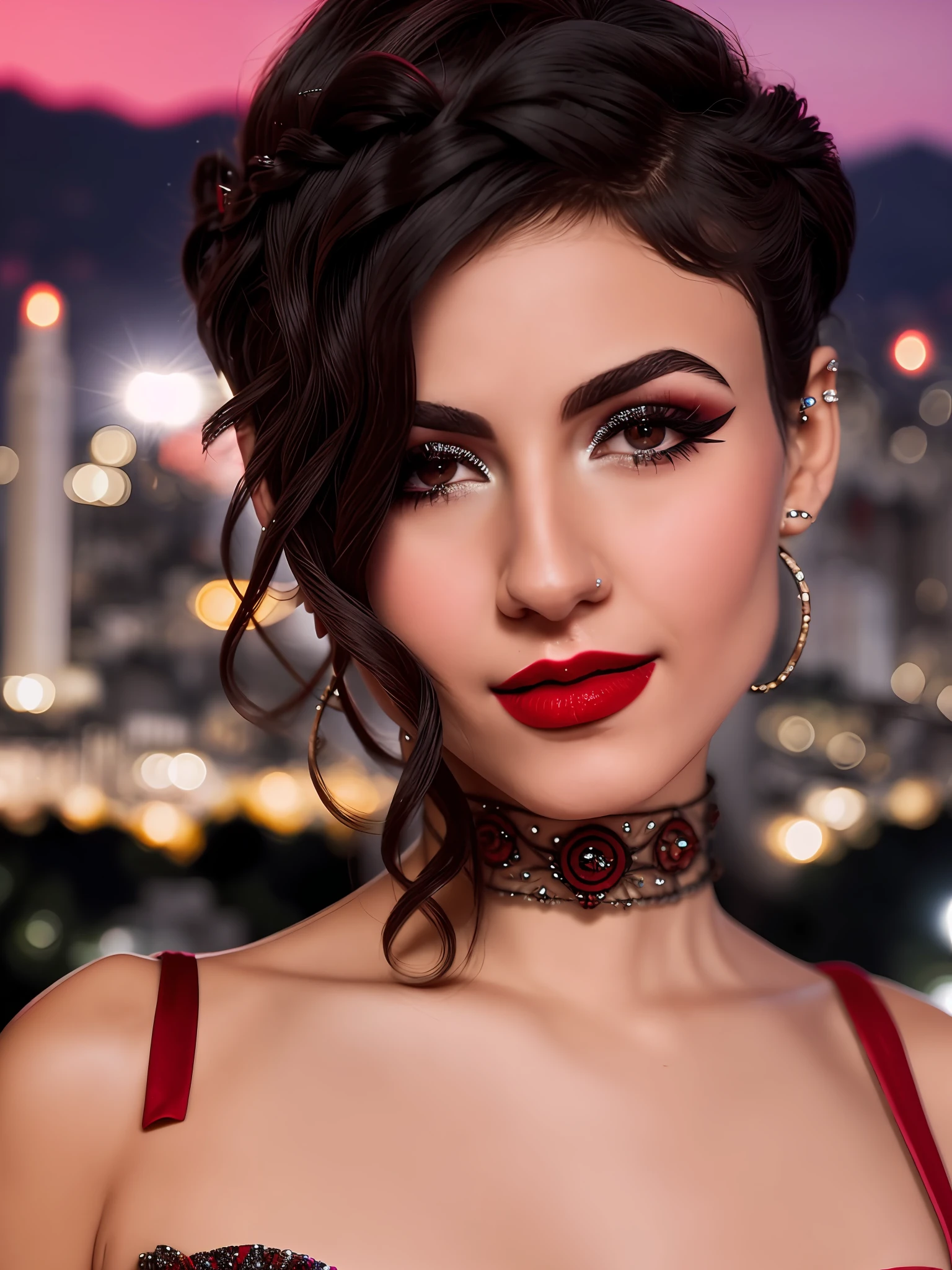 AS-MidAged, close-up photography, short hair, sparkling eyes, black hair, makeup, red lips, Brazil, rio de janeiro in the background of the night, elegant dress, jewelry, looking at the viewer, hyper realistic, {an extremely delicate and beautiful girl}, 8k wallpaper, {{{masterpiece}}}