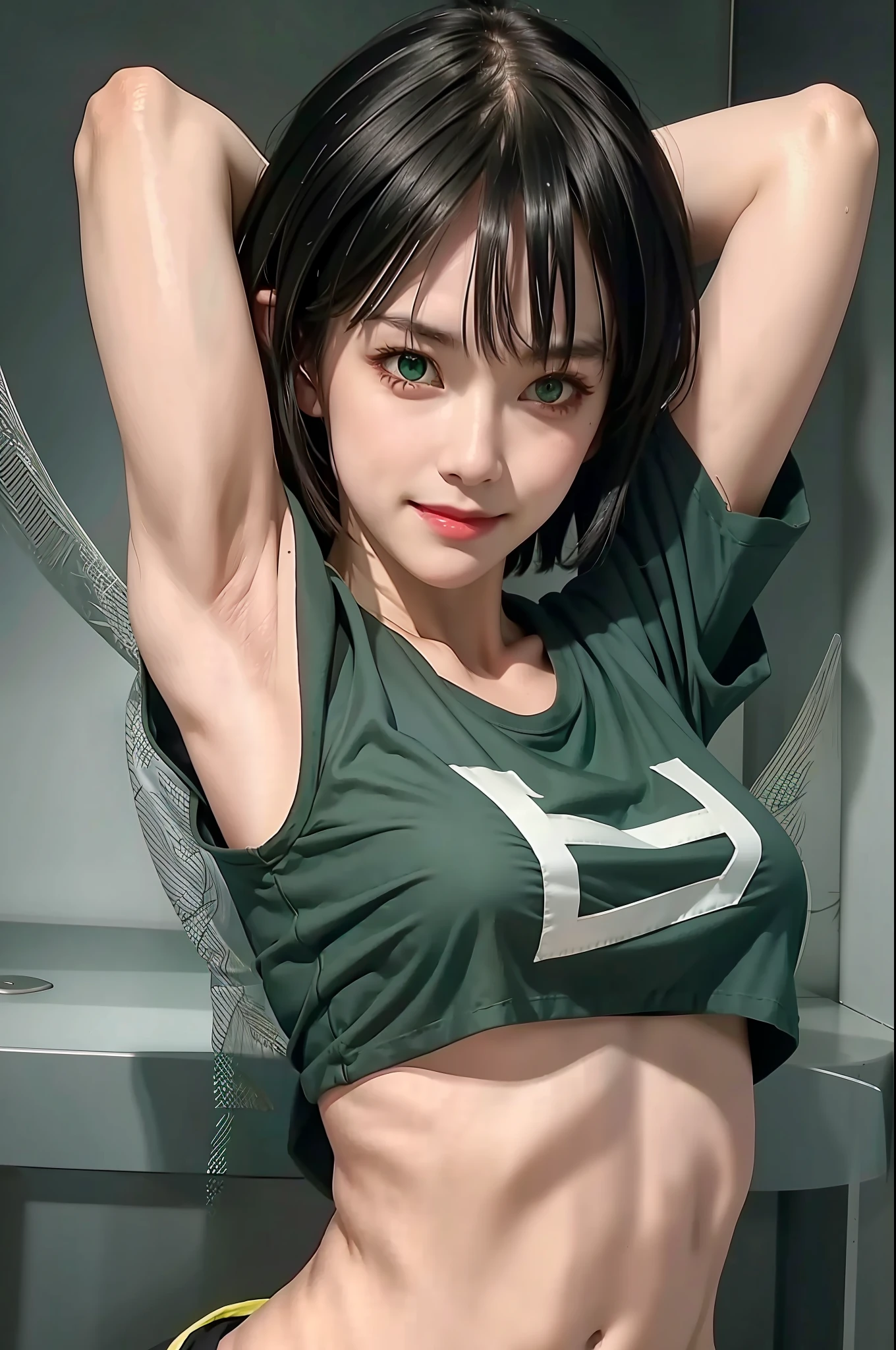 upper body, fubuki, 1girl, solo, (underboob), naked t-shirt, short sleeves, green eyes, looking at viewer, smile, arms behind head, simple background, heart